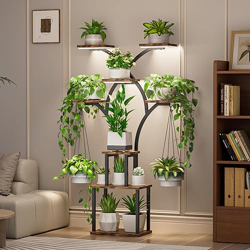 Miniatura 3 de Soporte para plantas Elbourn de interior con luces de crecimiento - Estante de metal de 152 cm de altura para múltiples plantas, soporte de esquina