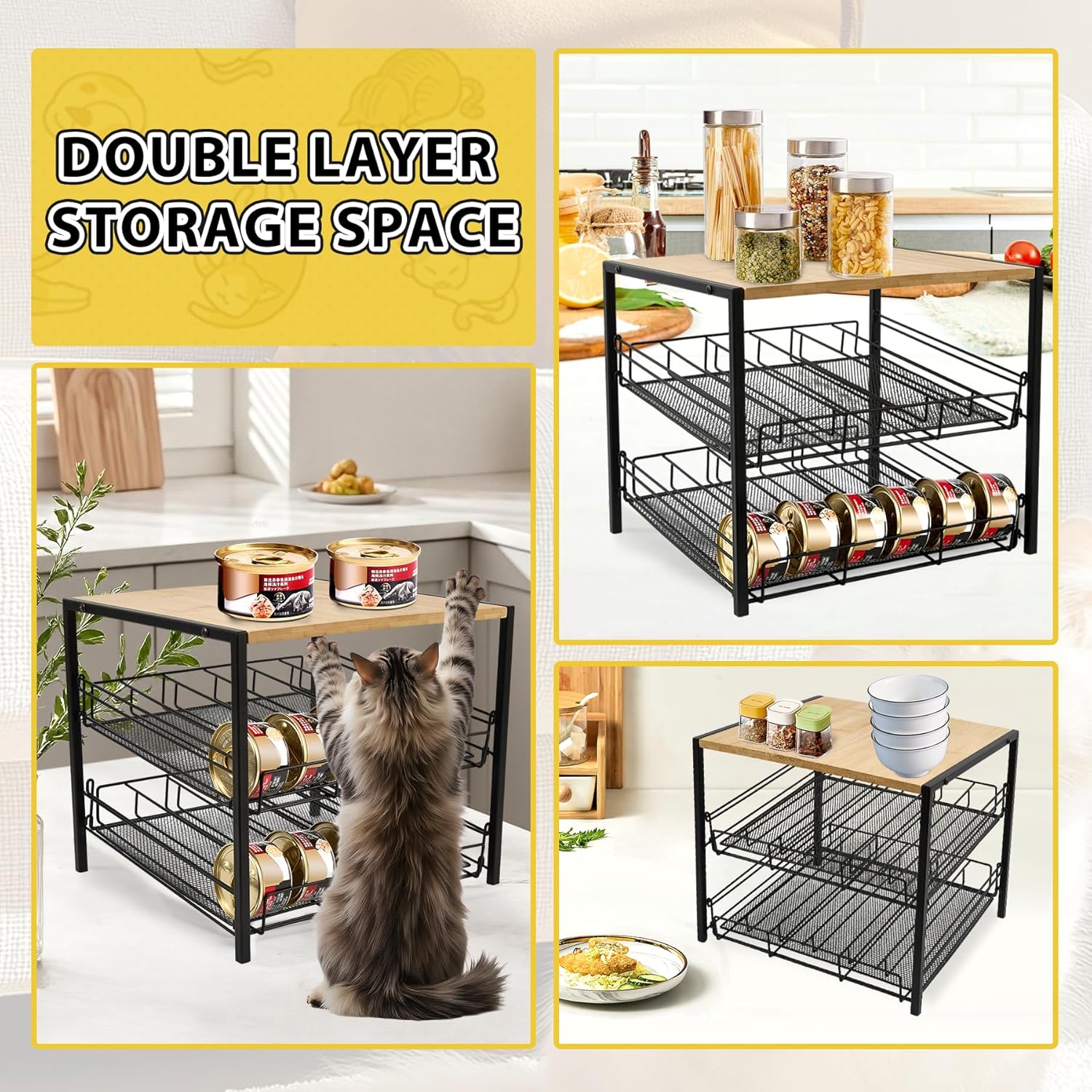 Bamboo & Iron Cat Food Organizer for Pantry, 2-Tier Can Stackable Storage Rack Holds 48 (3oz) Cans, Flat Top for Extra Storage, Automatic Slide-Down Perfect for Pet Food Cans