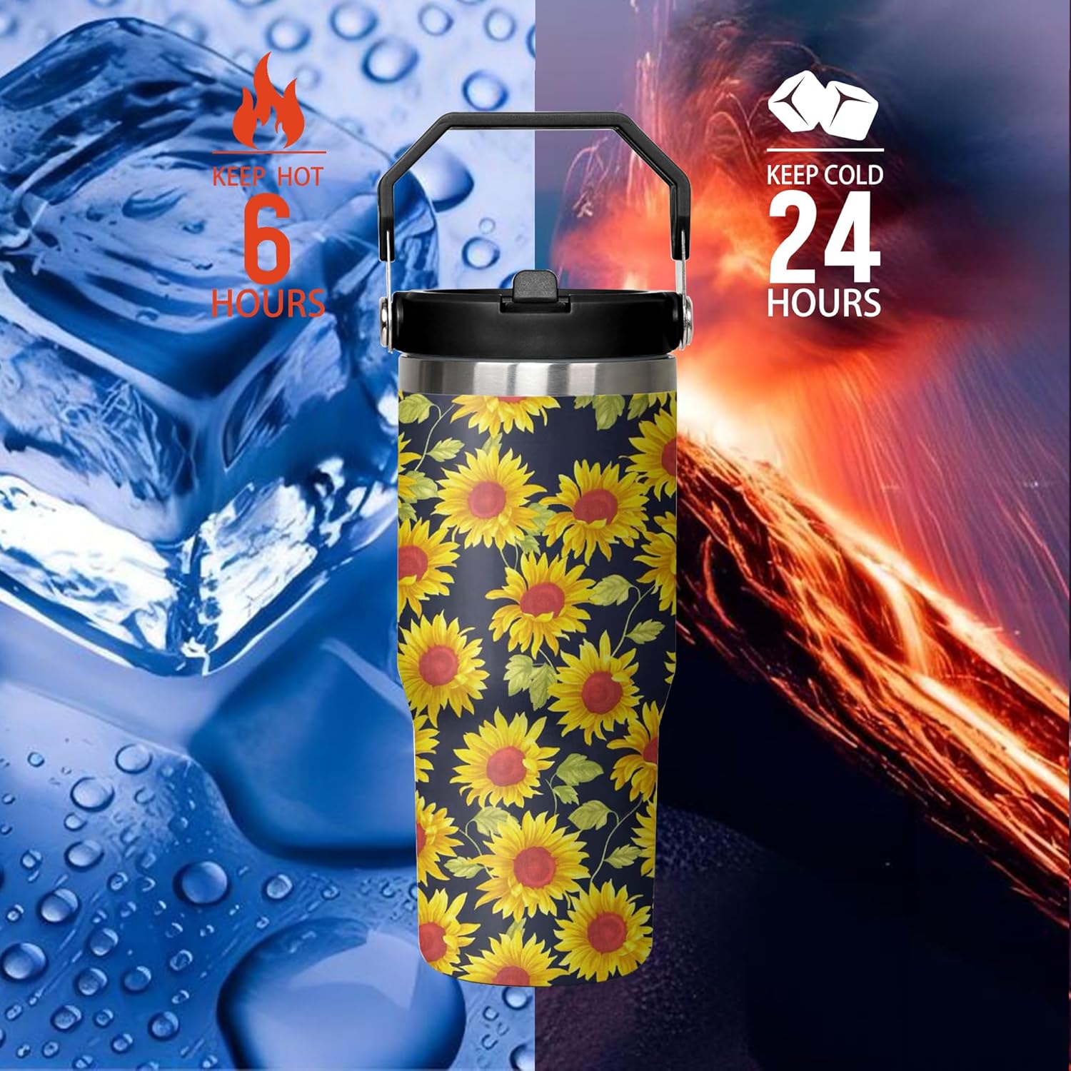 30oz Sunflower Tumbler with Handle and Flip Straw, Floral Stainless Steel Insulated Cup, Travel Coffee Mug Water Bottle, Birthday Mothers Day Chritmas Gifts for Women Animal Flowers Lovers - Image 4