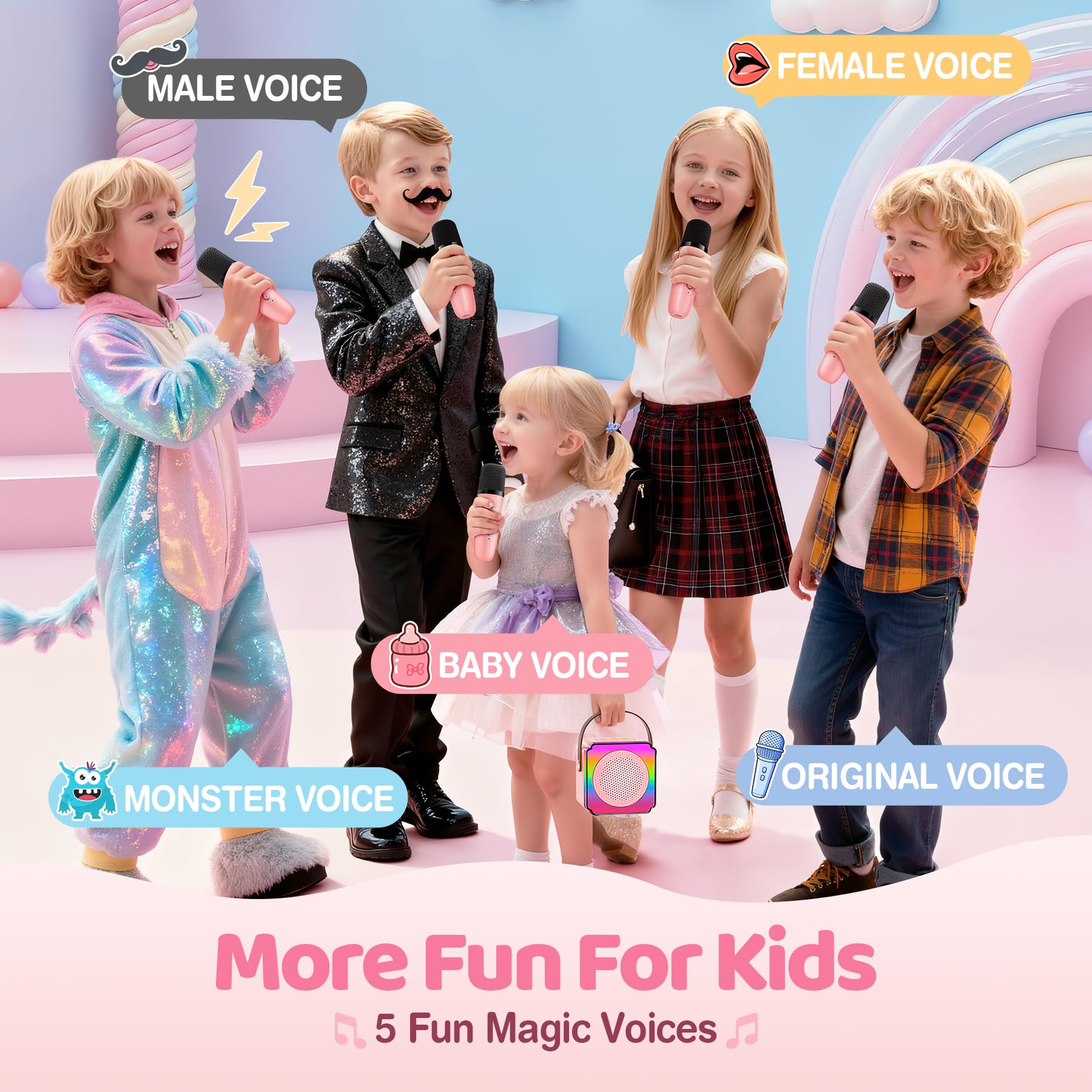 Gontence Karaoke con Microfono, Regalo Compleanno Bambina 3-12 Anni, Karaoke per Bambini con 2 Microfoni Wireless, Luce LED e Cambia Voce, Giocattolo Karaoke per Ragazzi e Ragazze 3-15 Anni