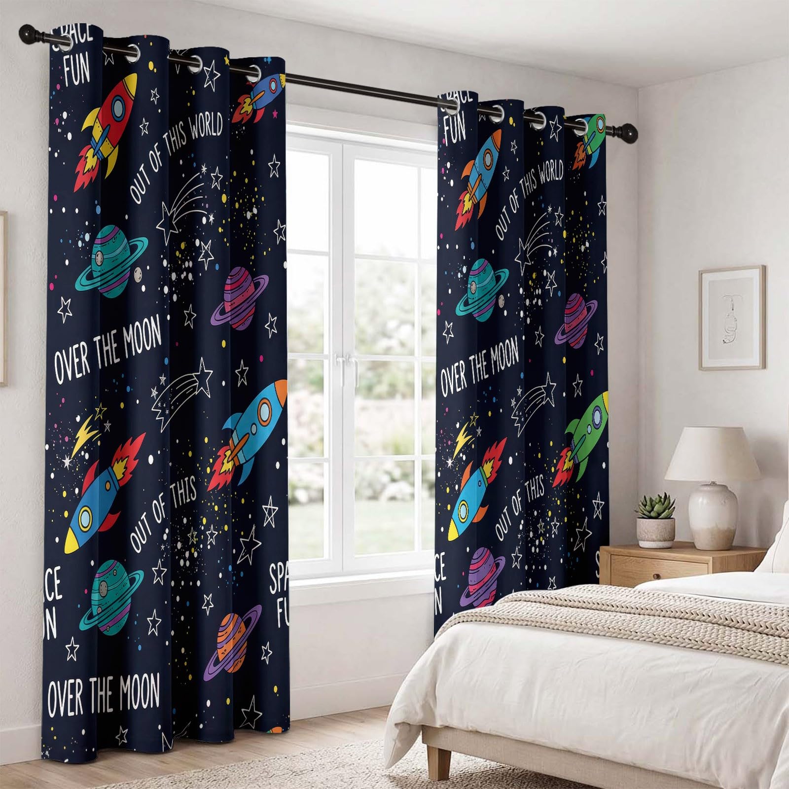 Rideaux pour Enfants 75L X 166H cm (2 Panneaux), Rideaux Isolant Thermique Motif Étoile Fusée Planète, Décoration de Espace Animé pour Chambre d'enfant Garçon Adolescent Salon Fenetre, Bleu Foncé