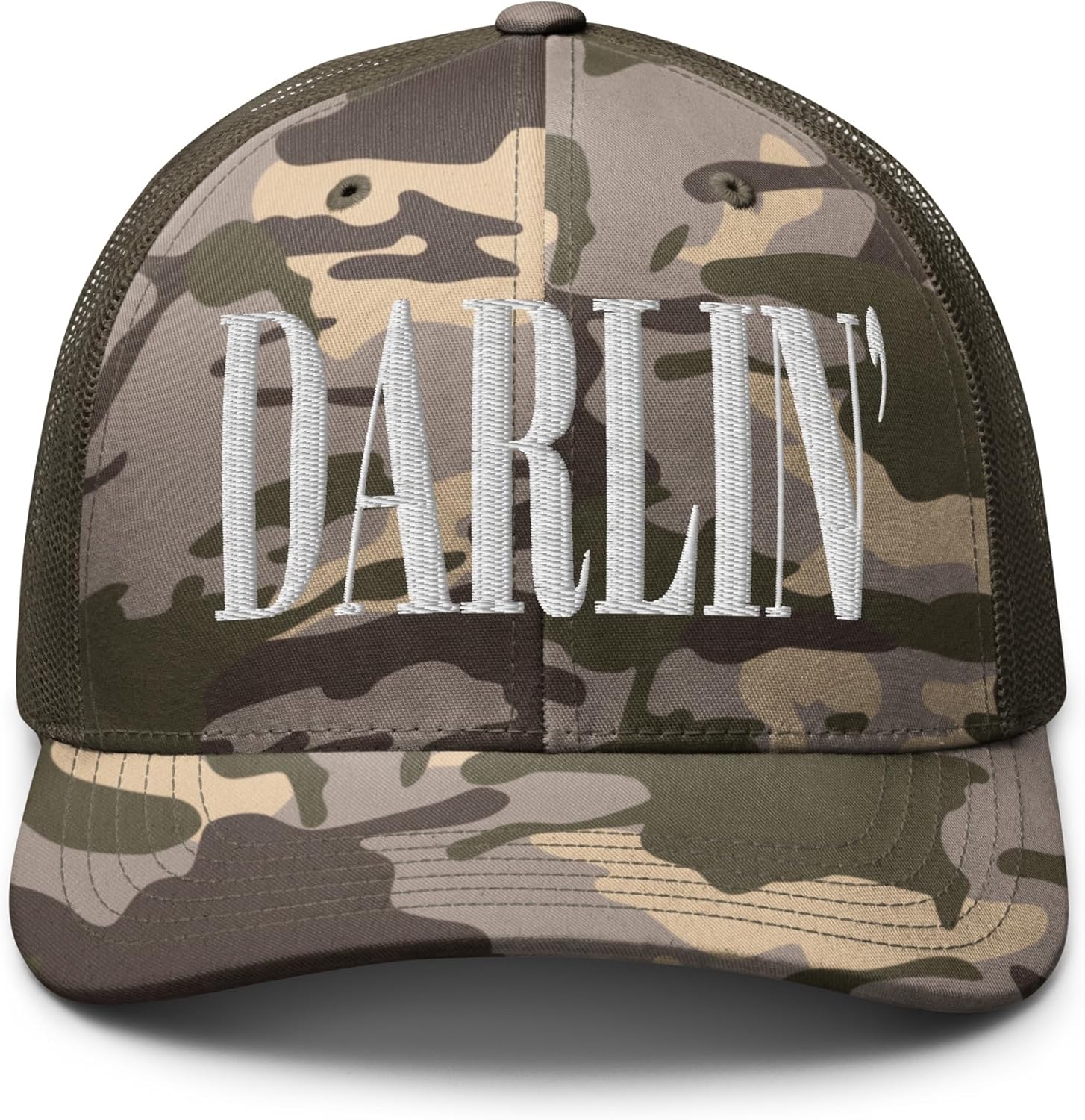 NG Camo Hello Darlin Embroidered Camouflage Curved Bill Trucker Hat Low Crown Adjustable Cap