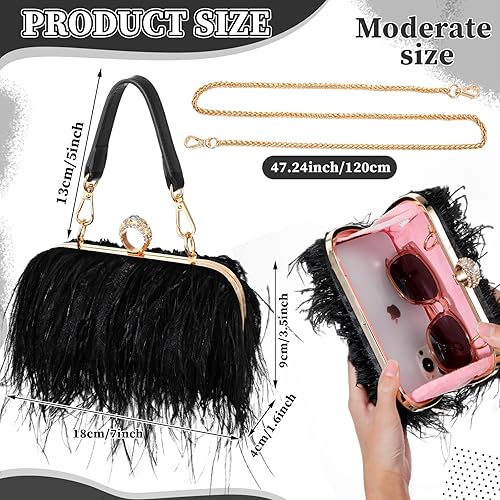 Miniatura 2 de 2 piezas de embrague de plumas de avestruz para mujer, adornos de plumas de avestruz, accesorios de flecos, bolso esponjoso de noche (negro)