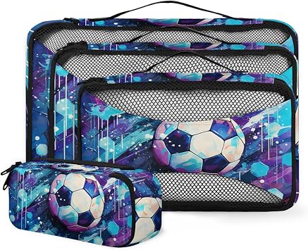 Cute Soccer Patterns Packing Cubes for Travel 4 Set Luggage Mesh Organizer Packing Cubes for Travel Essentials Carry On Suitcase