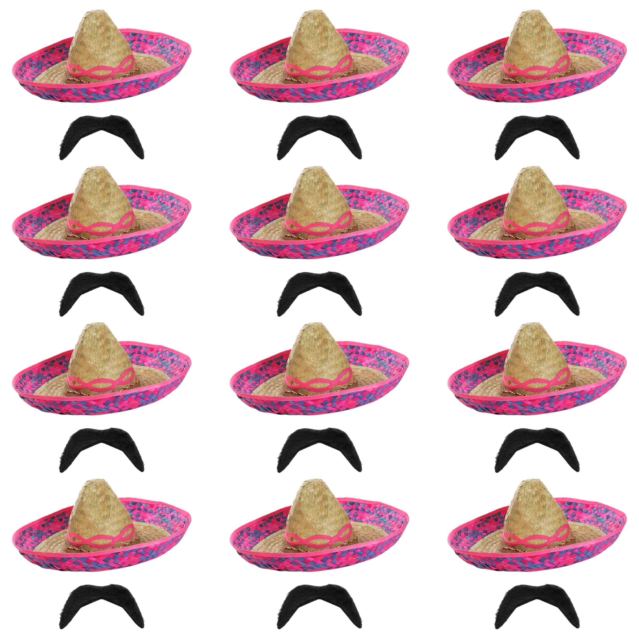 Adults Deluxe Mexican Sombrero Set - Pack of 12 - Pink Embroidered Straw Sombrero and Black Moustache - Mexico Fiesta Cinco de Mayo Mariachi Fancy Dress Costume Accessory Set