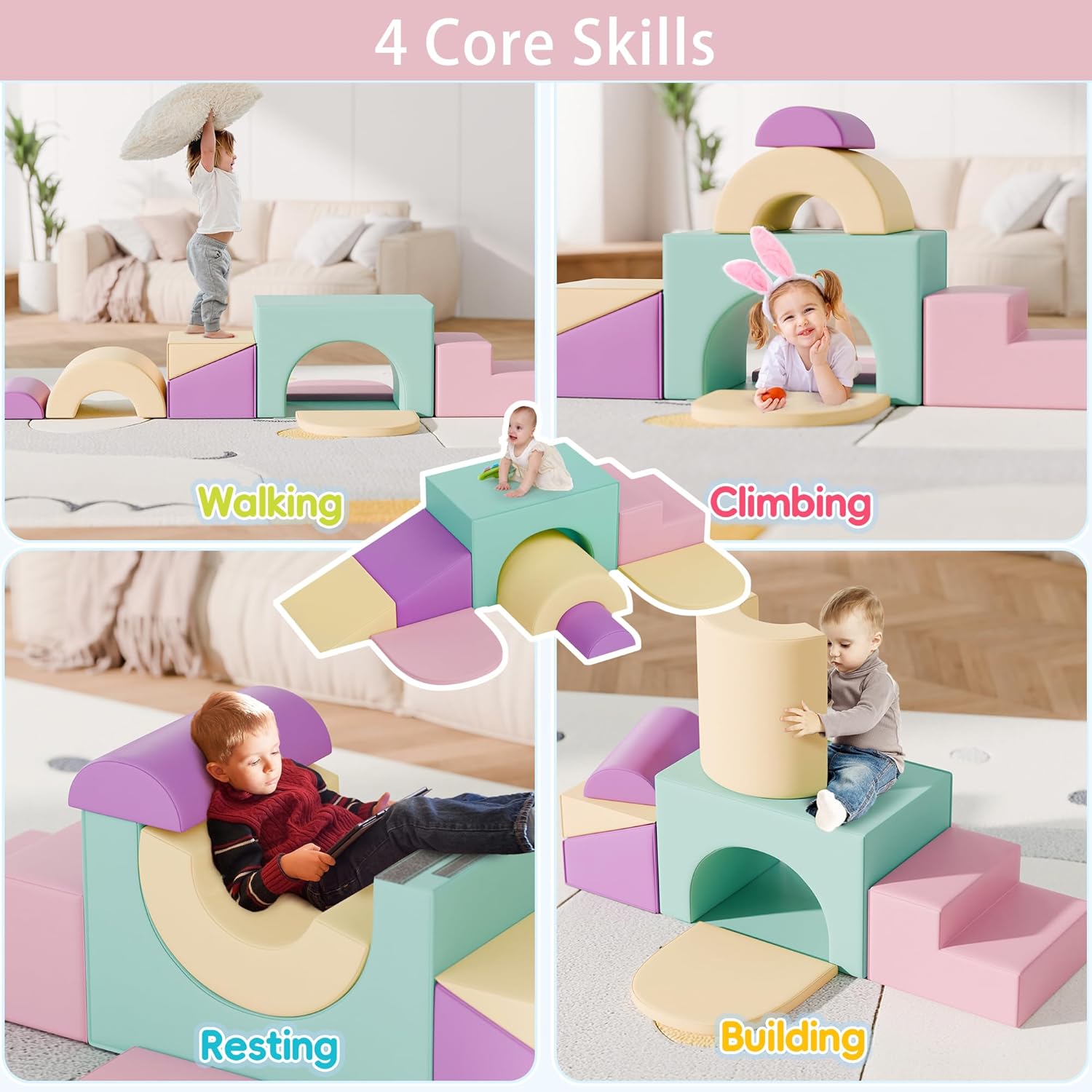TOLEAD Soft Foam Climbing Blocks Set – Large 5-in-1 Soft Play Toys Crawling & Sliding Climbing Arch for Toddlers, Foam Playset for Nursery,Preschool,Pink