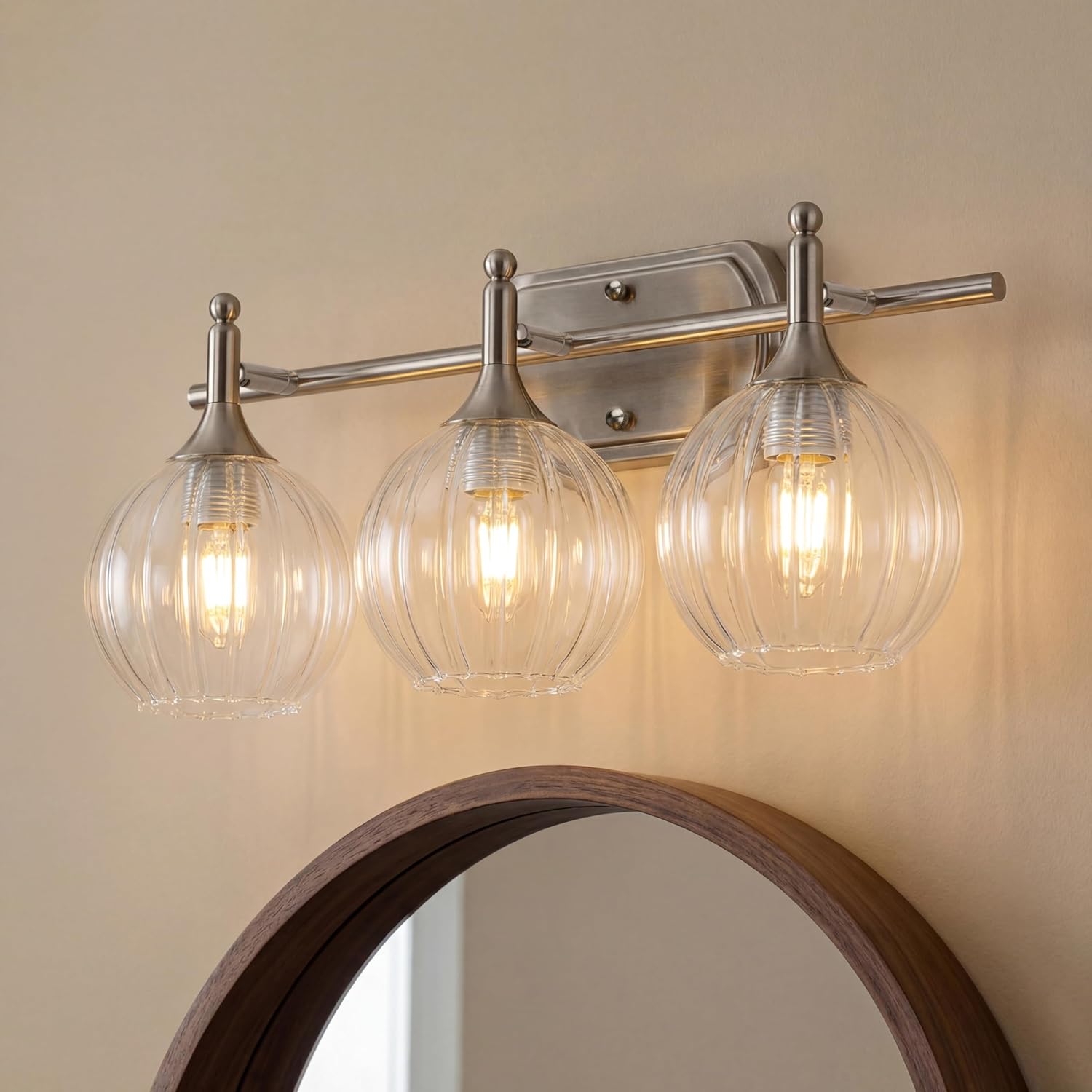 OSYNNIQ 3 Light Bathroom Vanity Lights Over Mirror, Modern Lighting Fixture with Clear Glass Globe Shade Brushed Nickel Wall Sconce IP44 for Makeup Shaving Bedroom Living Room(Bulb Not Included)