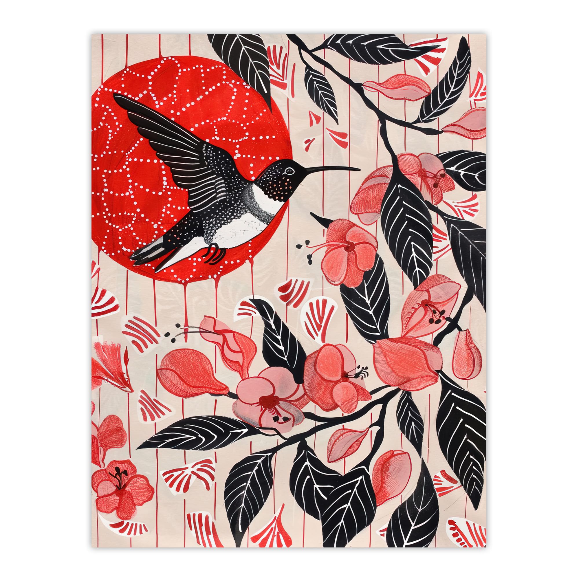Artery8 Hummingbird and Cherry Blossoms Folk Art Painting Living Room Large Wall Art Poster Print Thick Paper 18X24 Inch