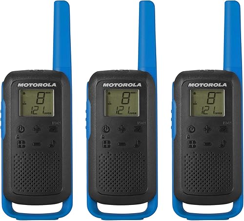 Motorola Solutions, FRS portátil, T270TP, Talkabout, radios bidireccionales, recargable, 22 canales, 25 millas, negro con azul, paquete de 3