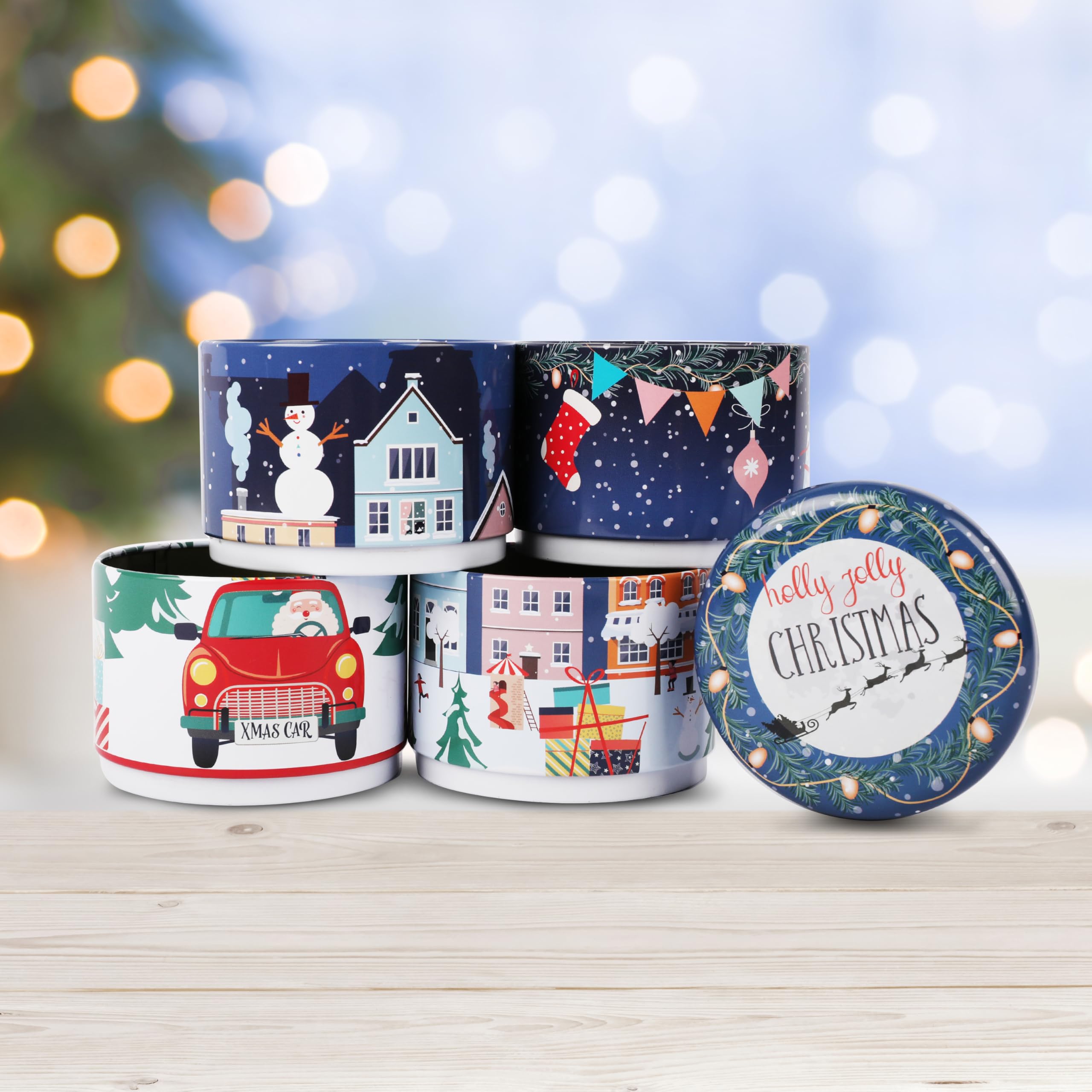 Set di 4 contenitori natalizi – design blu scuro – robusti contenitori in metallo per biscotti, caramelle, gioielli e regali – 22 x 8 x 8 cm – ideali per l' Avvento, Natale