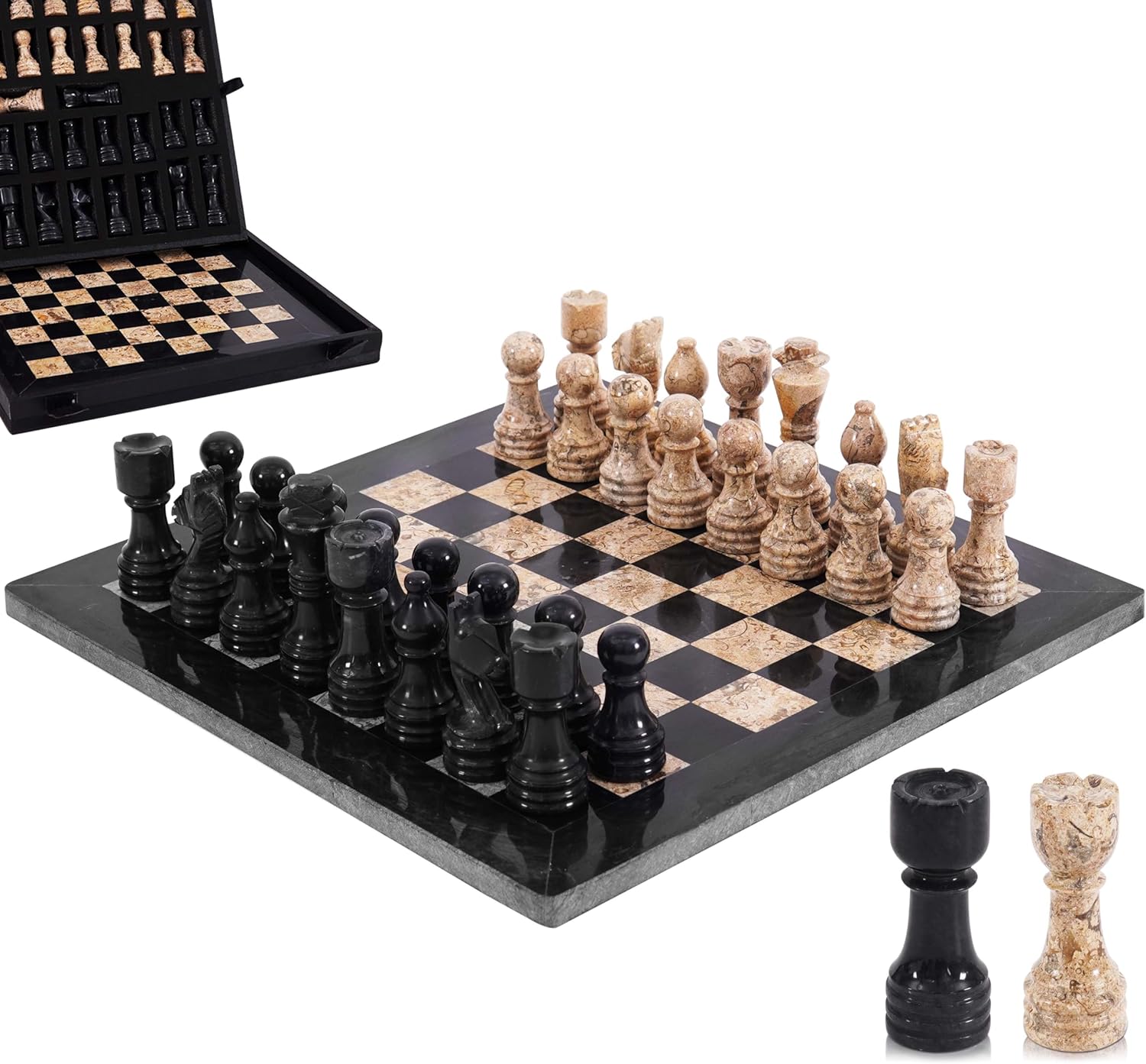 Marble Chess Set for Adults 12" Handmade Oceanic & Black Board Game with 32 Chess Pieces, 2 Extra Queens & Storage Box, Luxury Travel Game, Elegant for Home Decor