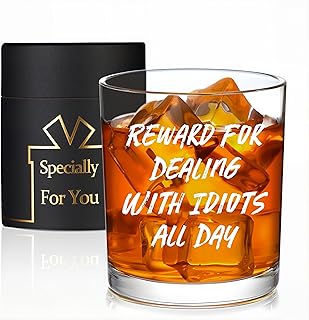 Reward For Dealing With Idiots All Day Whiskey Glass, Funny Gifts for Men Coworker Friend Husband Boss Him Christmas Bosses Day Birthday, 10 OZ Old Fashioned Glass with Gift Box