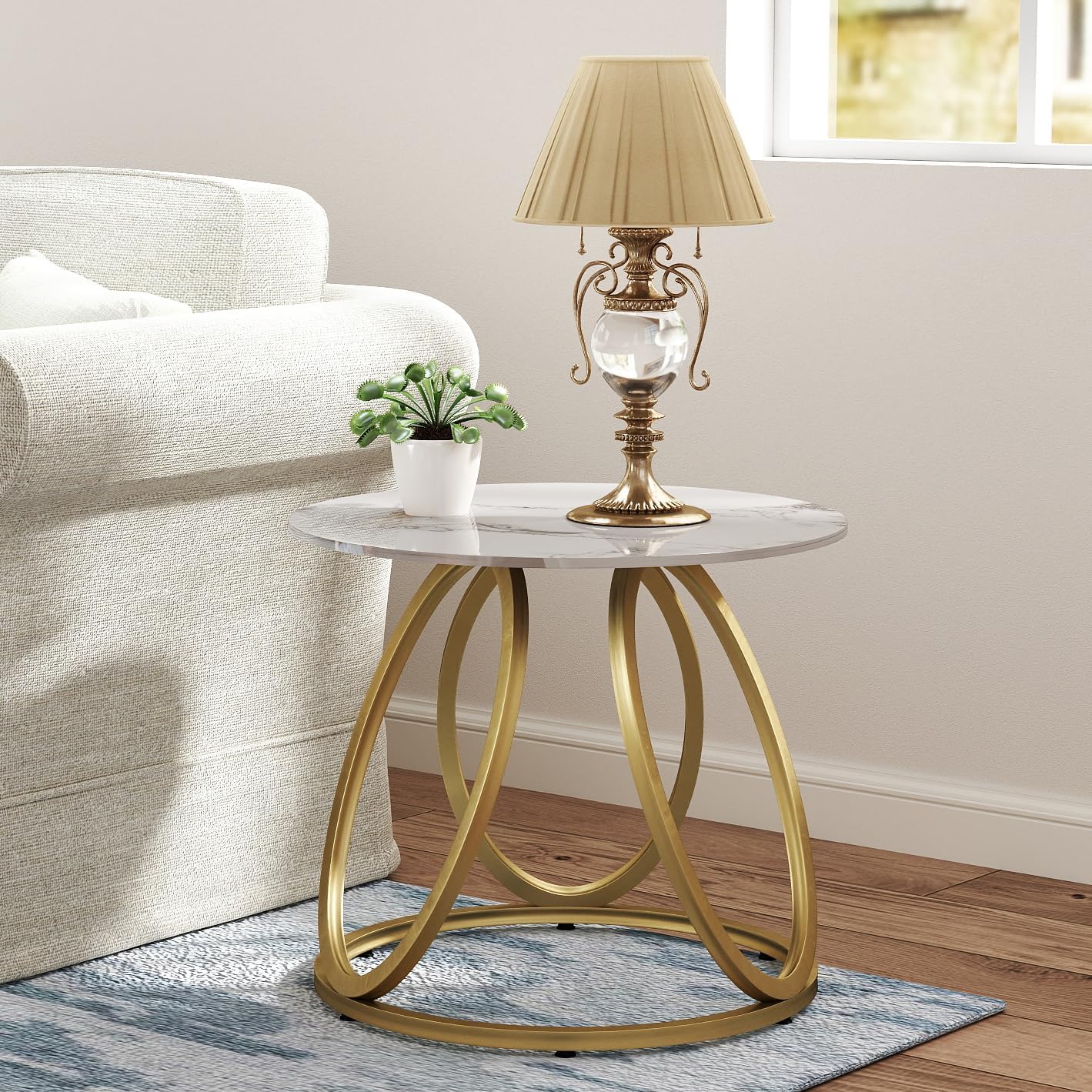 oiog round side table for living room, gold end table with marbling natural stone, nightstand for bedroom
