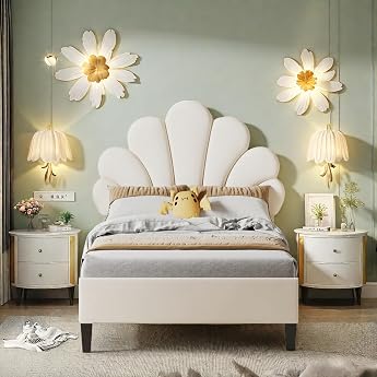 Upholstered Children's Bed 90 x 200 cm Girls' Bed Single Bed 90 x 200 cm with Slatted Frame Bed Frame with Headboard in Flower Shape Youth Bed Guest Bed Made of Velvet Fabric for Adults
