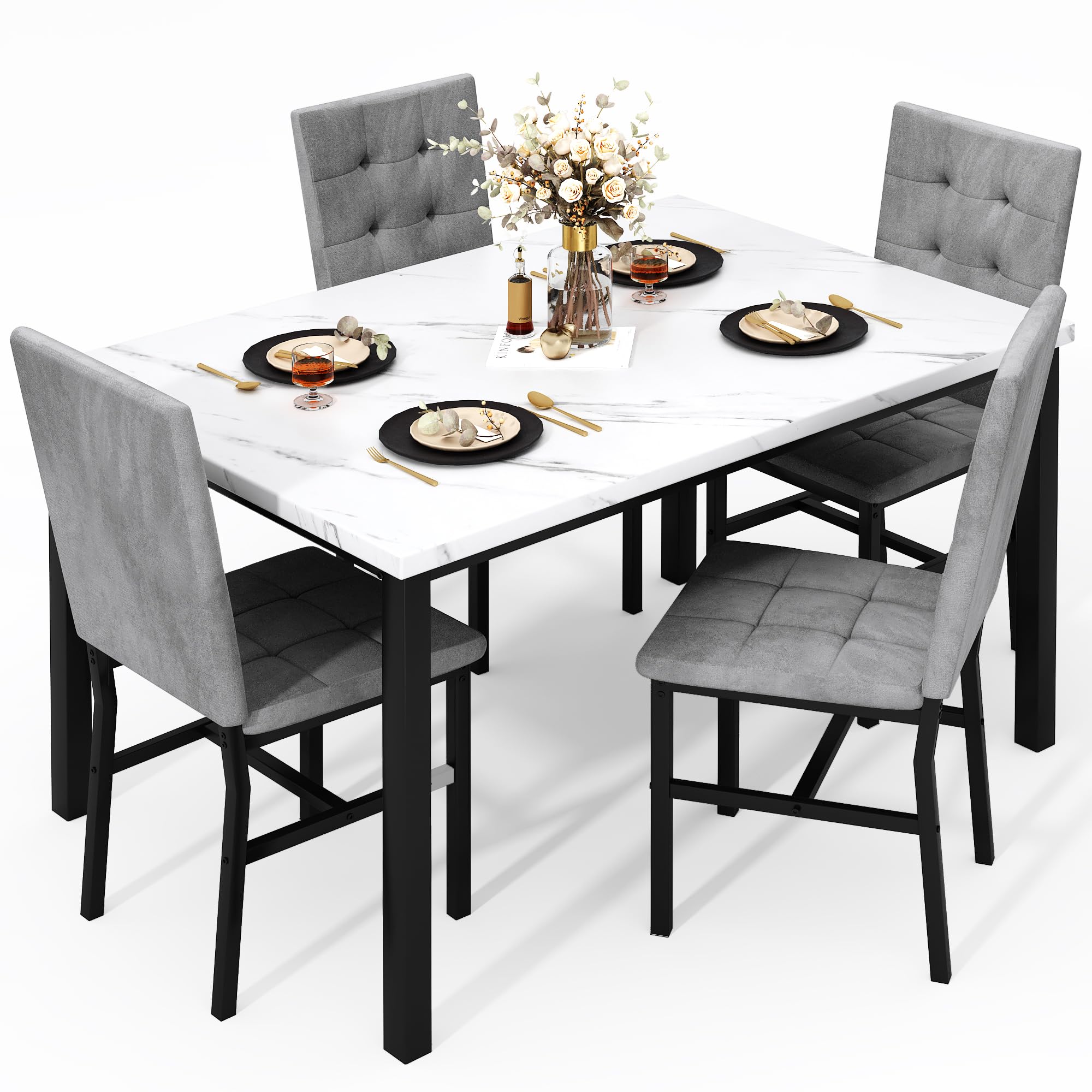 AWQM Dining Table Set for 4, Kitchen Table and Chairs Set, White & Grey