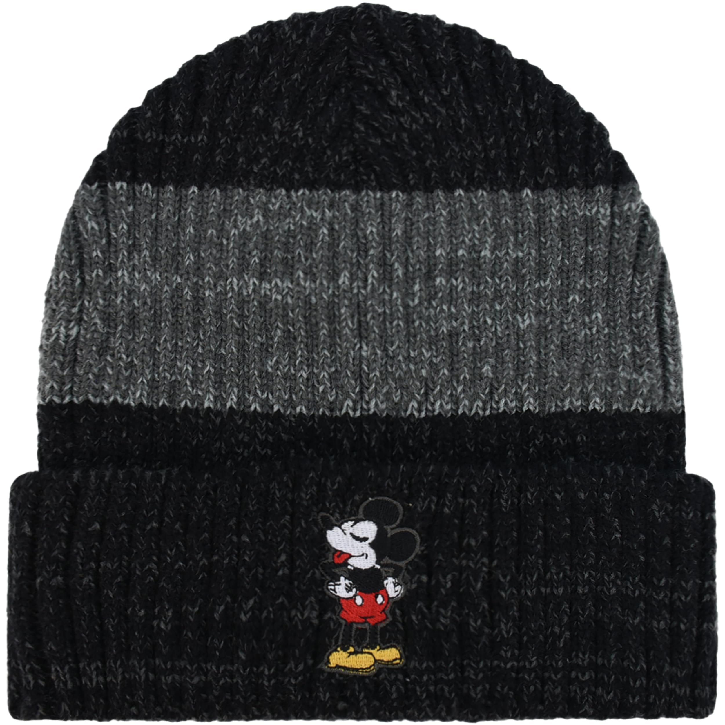 Concept One Disney Mickey Mouse Cuffed Beanie Hat, Knitted Stocking Cap, Black/Grey, One Size