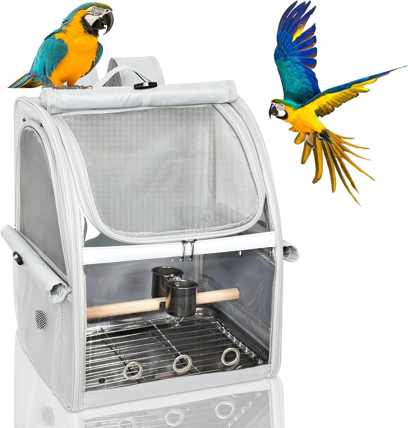 Bird Carrier Bag, Bird Travel Cage with Standing Perch and Indestructible Stainless Steel Mesh, Protable Transparent Breathable Carrier with Feeder Cups for Small Birds Parrot Parakeet, Grey