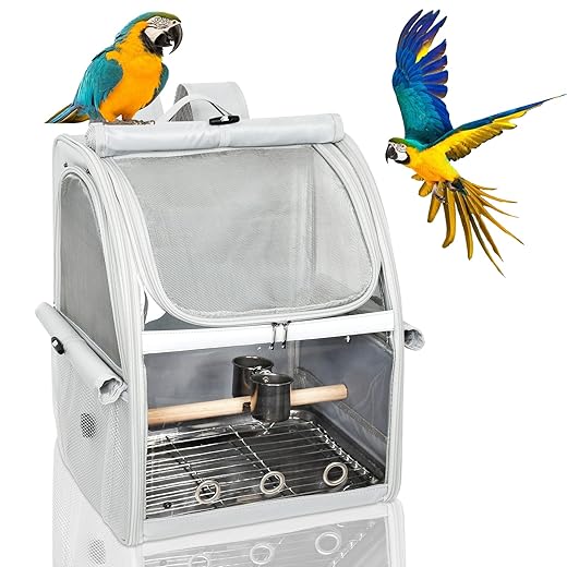 Bird Carrier Bag, Bird Travel Cage with Standing Perch and Indestructible Stainless Steel Mesh, Protable Transparent Breathable Carrier with Feeder Cups for Small Birds Parrot Parakeet, Grey