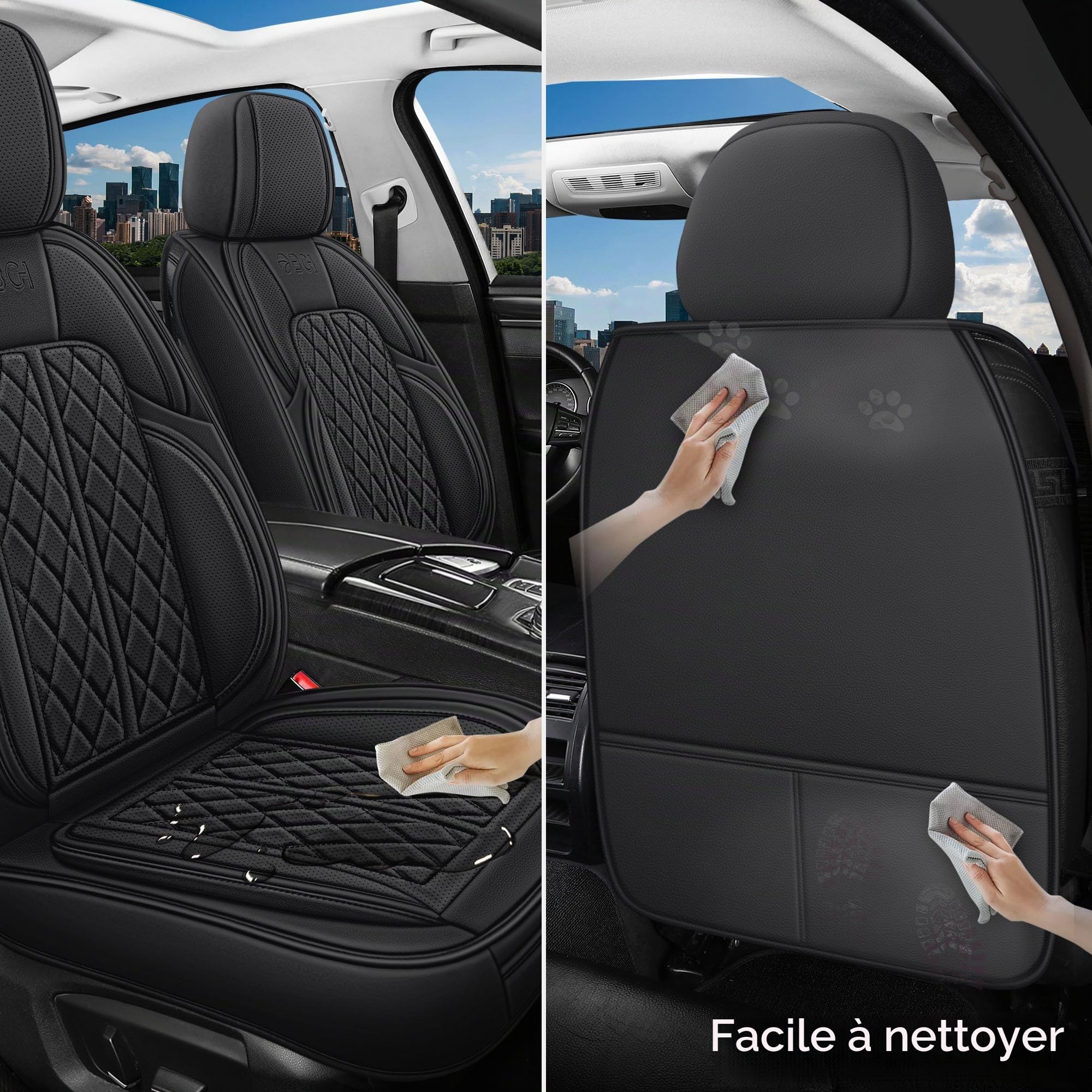 Housse de Siege Voiture Cuir Universelle pour Voitures, VUS, Berlines - Antidérapantes et Respirantes (Noir, Ensemble Complet)