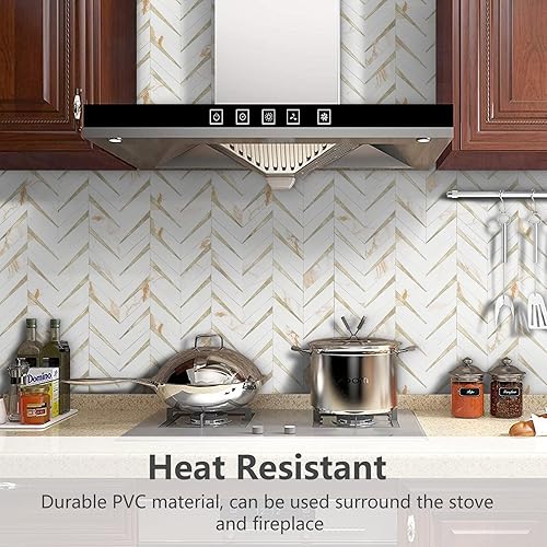 Miniatura 2 de STICKGOO 10 hojas de azulejos en espiga para despegar y pegar, mármol Calacatta mezclado con PVC dorado claro para salpicaderos, azulejos de pared
