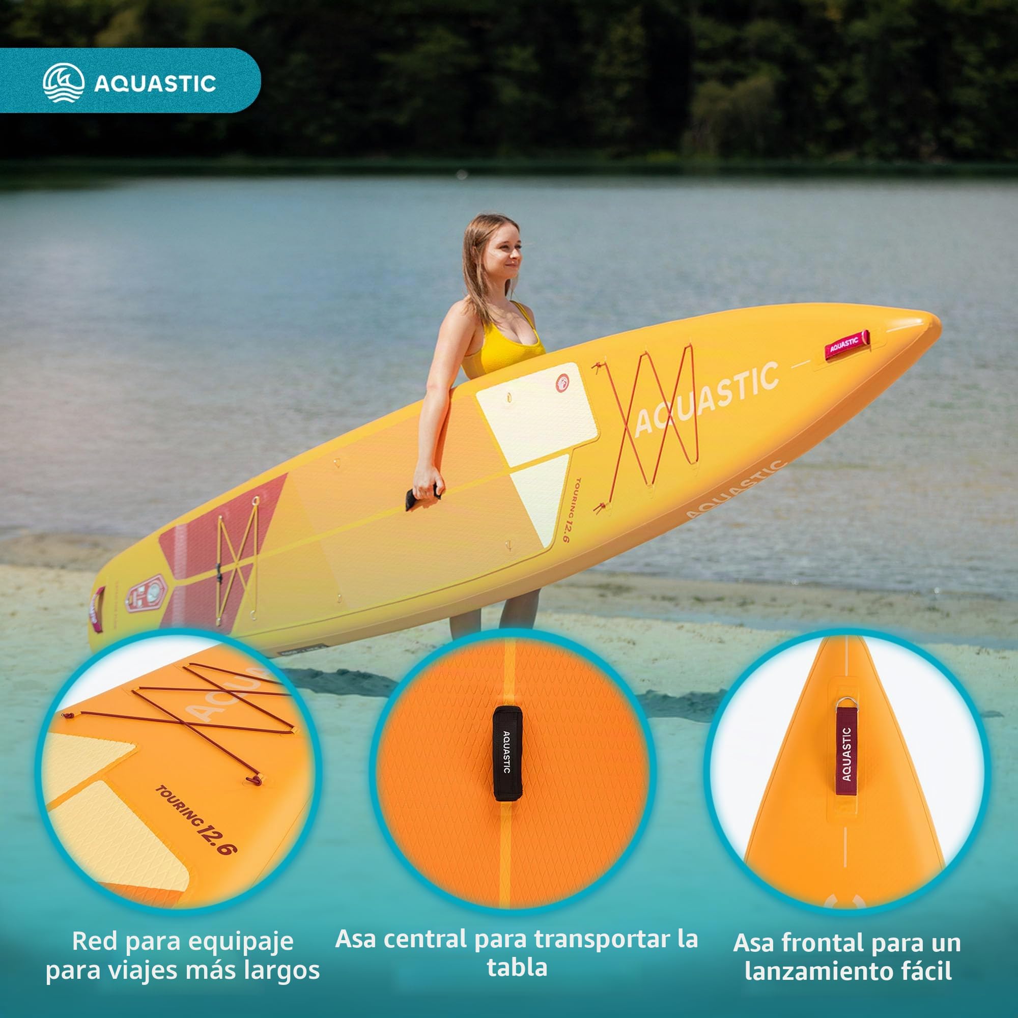 AQUASTIC Tabla de SUP hinchable Touring de 12'6 pulgadas, perfil Touring, Drop Stitch Lite + rigidez y ligereza, PVC de una capa de 2600 g/m², 381 x 76 x 15 cm, cilindrada de 355 l, capacidad de carga | 381 x 76 x 15 cm, 355 l, hasta 165 kg, con remo 2 en