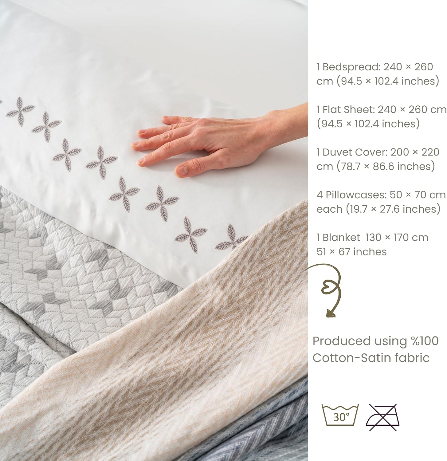 8-Piece Bedding Set with Pique Bedspread, Duvet Cover, Flat Sheet, Pillowcases & Decorative Cushion | Oversized Cotton Bedding Set for Bedroom & Daily Use