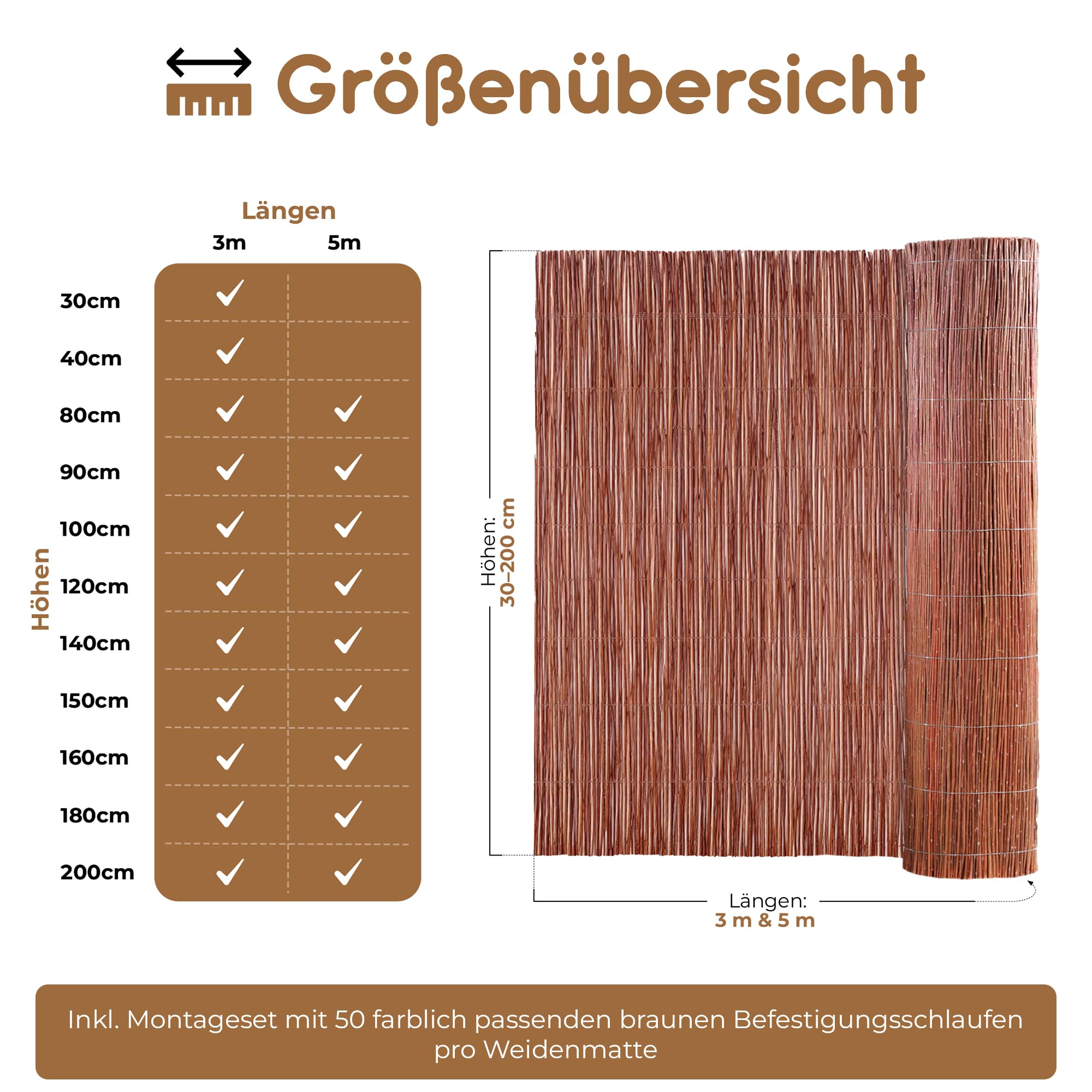 BOOGARDI Weidenmatte - 20 Größen - Weidenzaun 160 cm hoch x 500 cm lang - Sichtschutzmatte Balkonverkleidung Gartenzaun Sichtschutz Zaun Garten Balkon Sichtschutzzaun Holz Weide