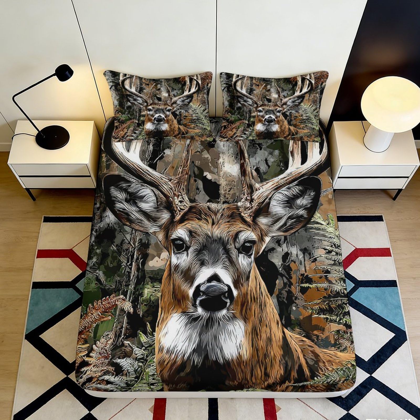 3D Printed Forest Deer Fitted Sheet Microfiber Soft Breathable Woodland Antler Mattress Cover for Bedroom Decor 90x200x25cm