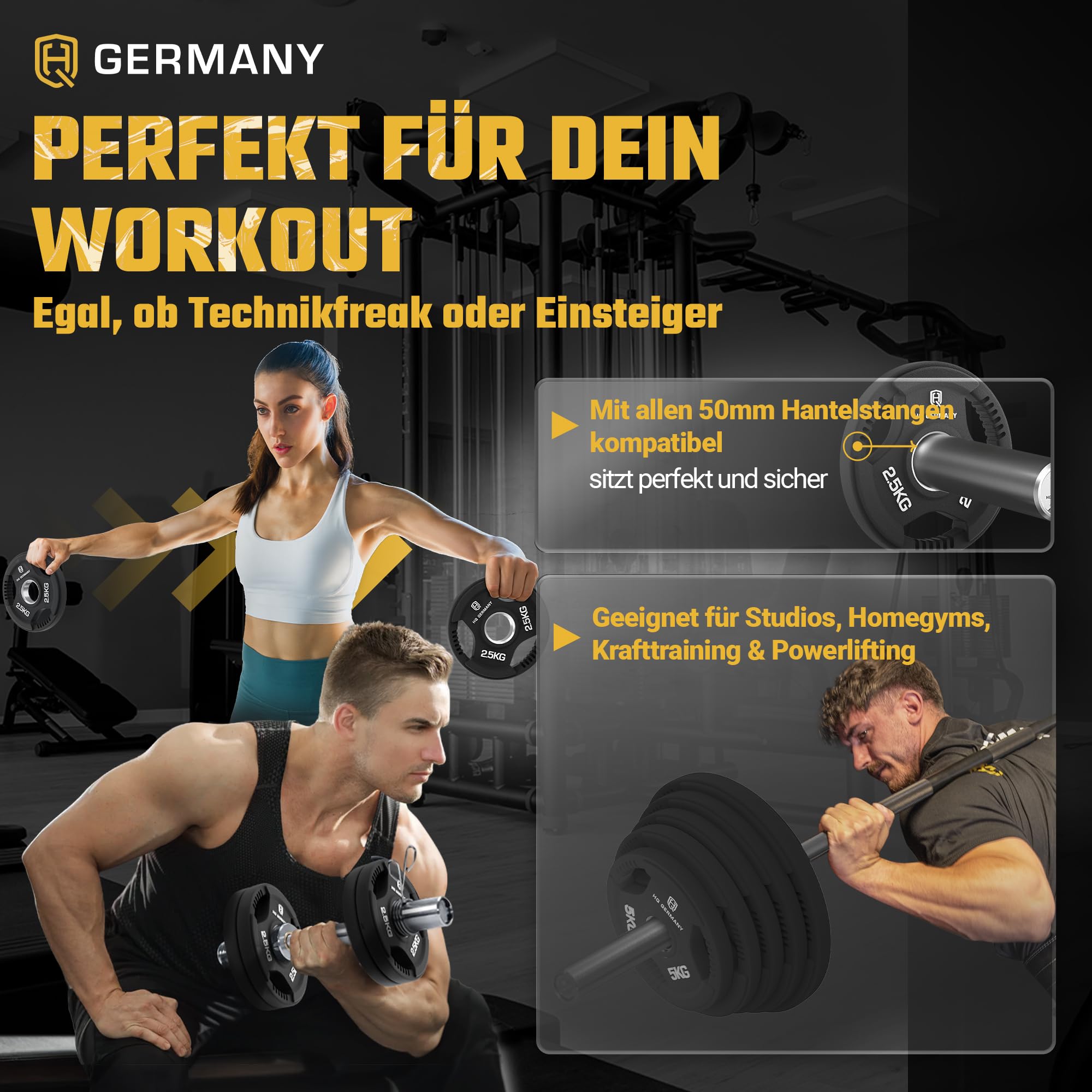 HQ Germany® Hantelscheiben 50mm [Sets / 1.25-25kg] - Tri-Grip Bumper Plates - Hantelscheiben Set 50mm, Gewichtsscheiben, Gewichte für Hantel, Gewicht Weight Plates in Premium-Qualität