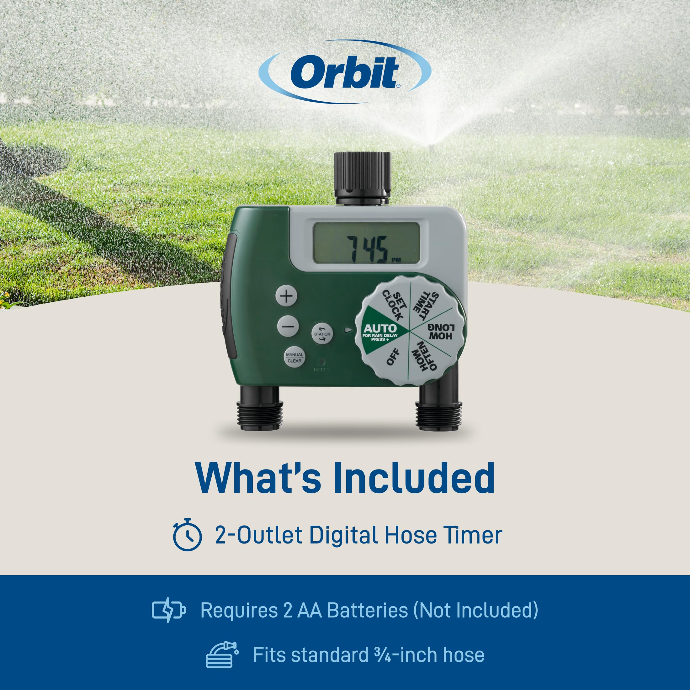 Orbit Minuteur de Robinet de Tuyau programmable 58910, 2 Sorties, Vert