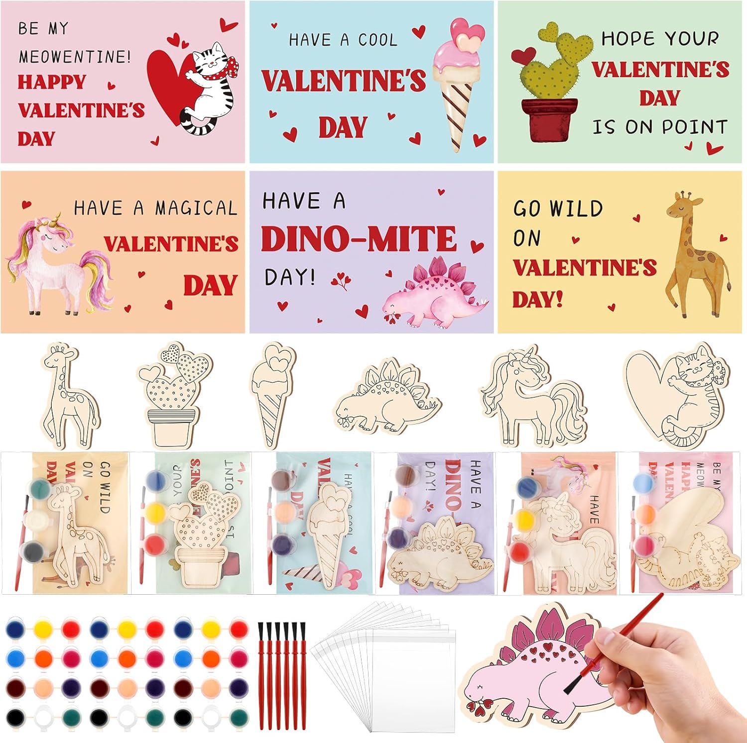 JellyArch 24 Pack Valentine‘s Day Gifts for Kids Valentine's Puns Cards with Wood Painting Craft Kits Paint Set Exchange Gift for Classmates Party Favor Goody Bag Filler