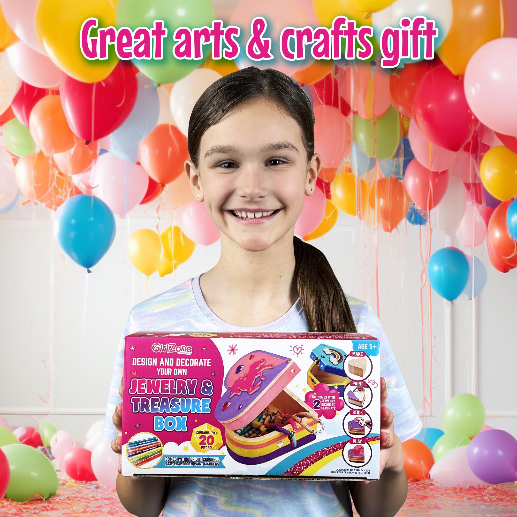 GirlZone Jewelry & Treasure Box, DIY Jewelry Box, DIY Craft for Kids Include Wooden Boxes, Shapes, Acrylic Paint Pens, Gem Stickers & Table Cover, Ideal Painting Crafts for Girls, Valentine Gifts