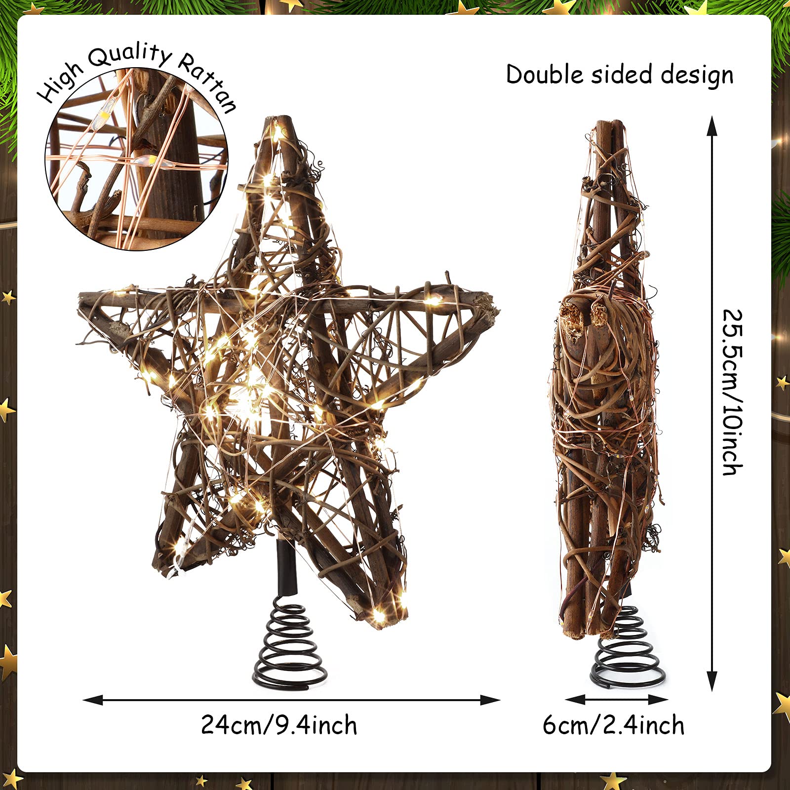 Christmas Star Tree Toppers Rattan Natural Xmas Tree Topper Lighted with 10 Inch 50LED Warm White Lights, Rustic Star Treetop for Christmas Tree Ornament Indoor Party Christmas Decoration