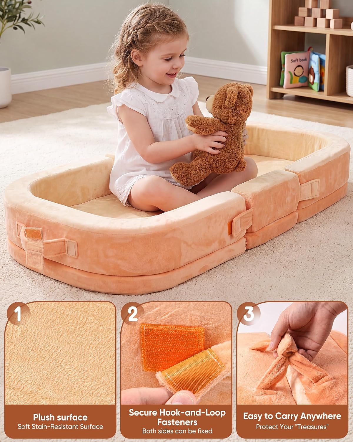 Foldable Toddler Bed, Portable Toddler Floor Bed for Home and Travel, High-Density Foam Kids Cot with Removable Washable Cover, Raised Sides, Carry Handle, Dog Design