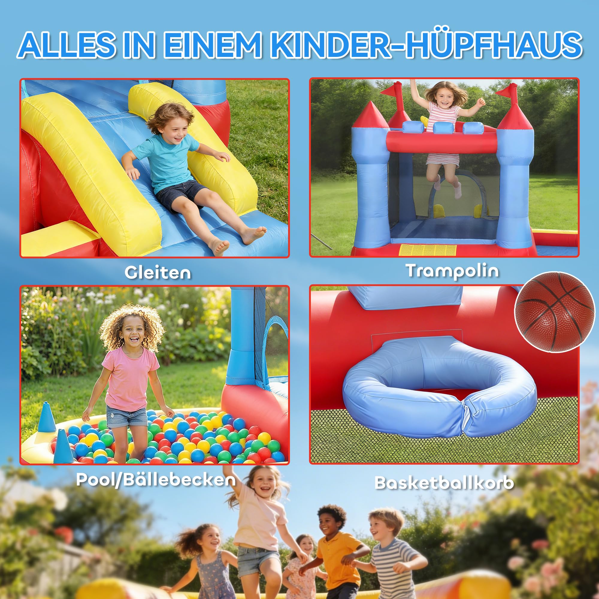 AIYAPLAY Hüpfburg mit Gebläse Aufblasbar Spielcenter mit Rutsche Trampolin Planschbecken/Bällebad Basketballkorb Wasserpistole Bouncy Castle für 3-8 Jahre Kinder für Indoor & Outdoor 342x255x209 cm