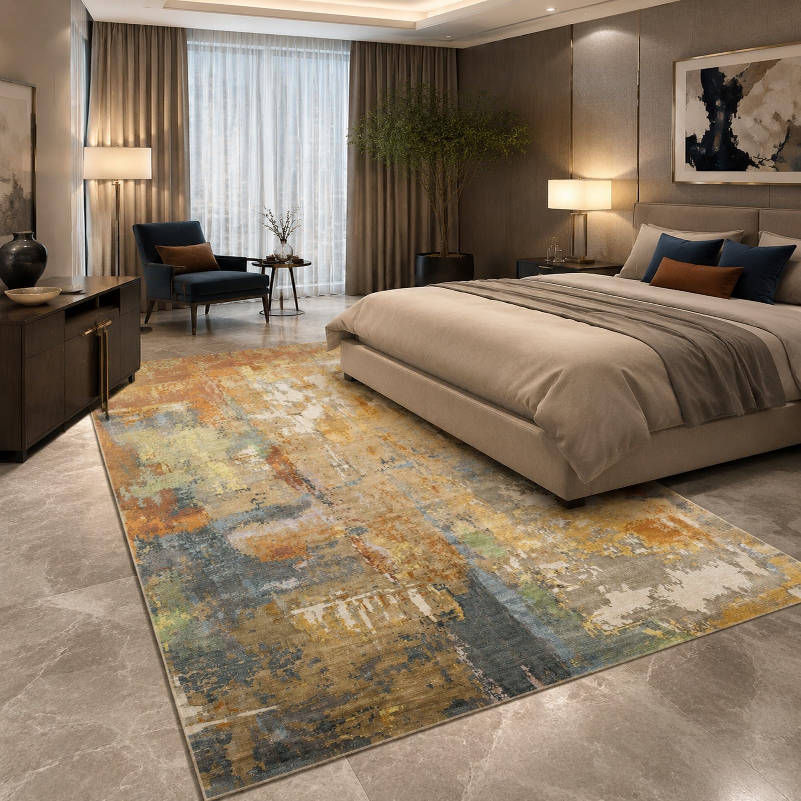 Tapis abstrait moderne orange et jaune pour illuminer votre grand salon et réchauffer la chambre