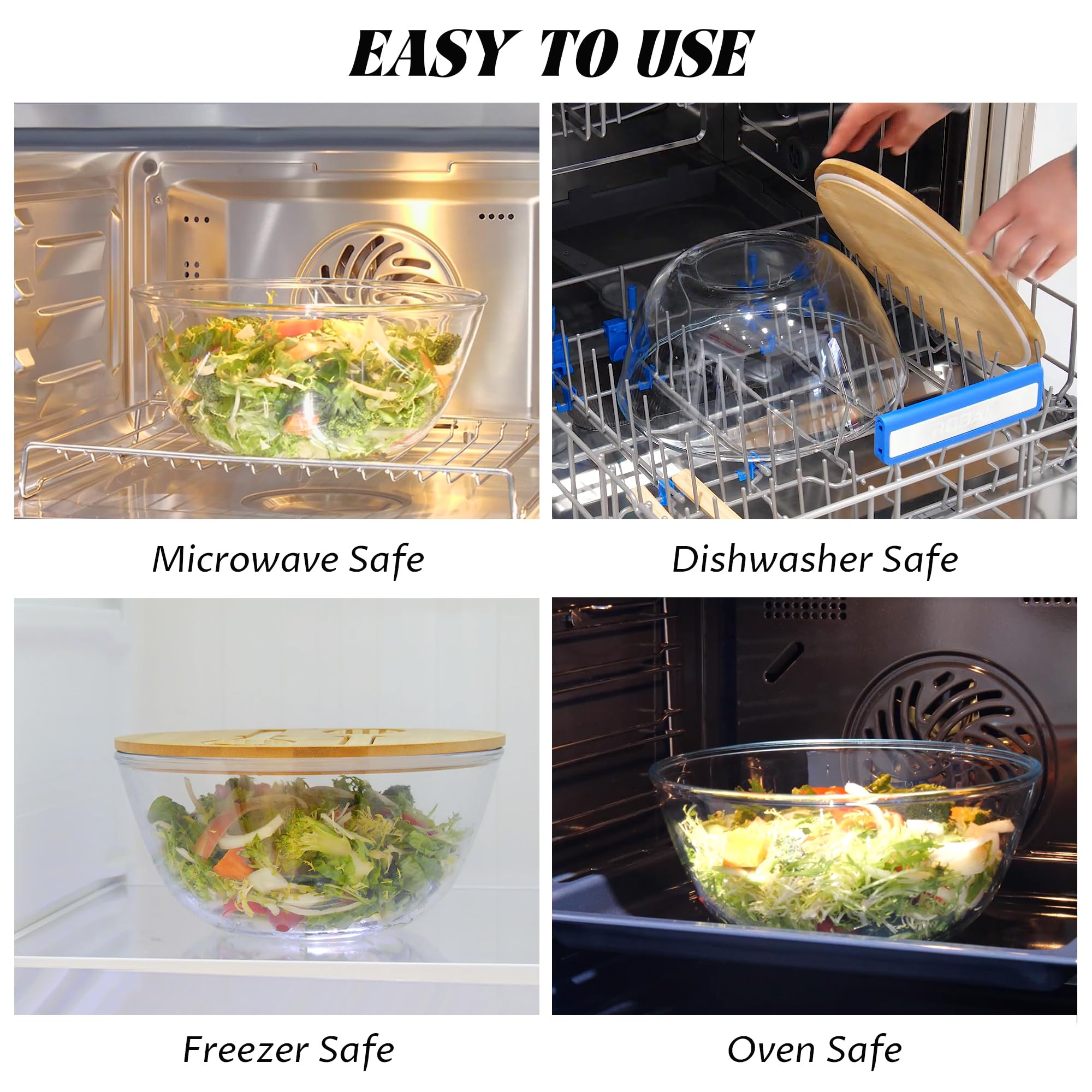 LOVYANXUE Glas-Salatschüssel mit versiegeltem Deckel, 26,9 cm, große Kapazität, Servierschalen und Rührschüsseln mit Utensilien, vielseitige Glasschalen für Salate, Kleinigkeiten, Obst, Nudeln
