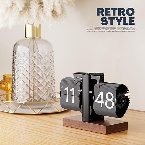 Miniatura 2 de Reloj analógico retro abatible, reloj de escritorio digital mecánico, vintage, reloj de mesa clásico con pilas, engranaje interno operado con base