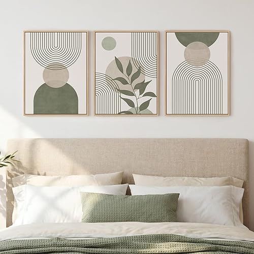 Framed Sage Green Boho Wall Art for Bedroom, Beige and