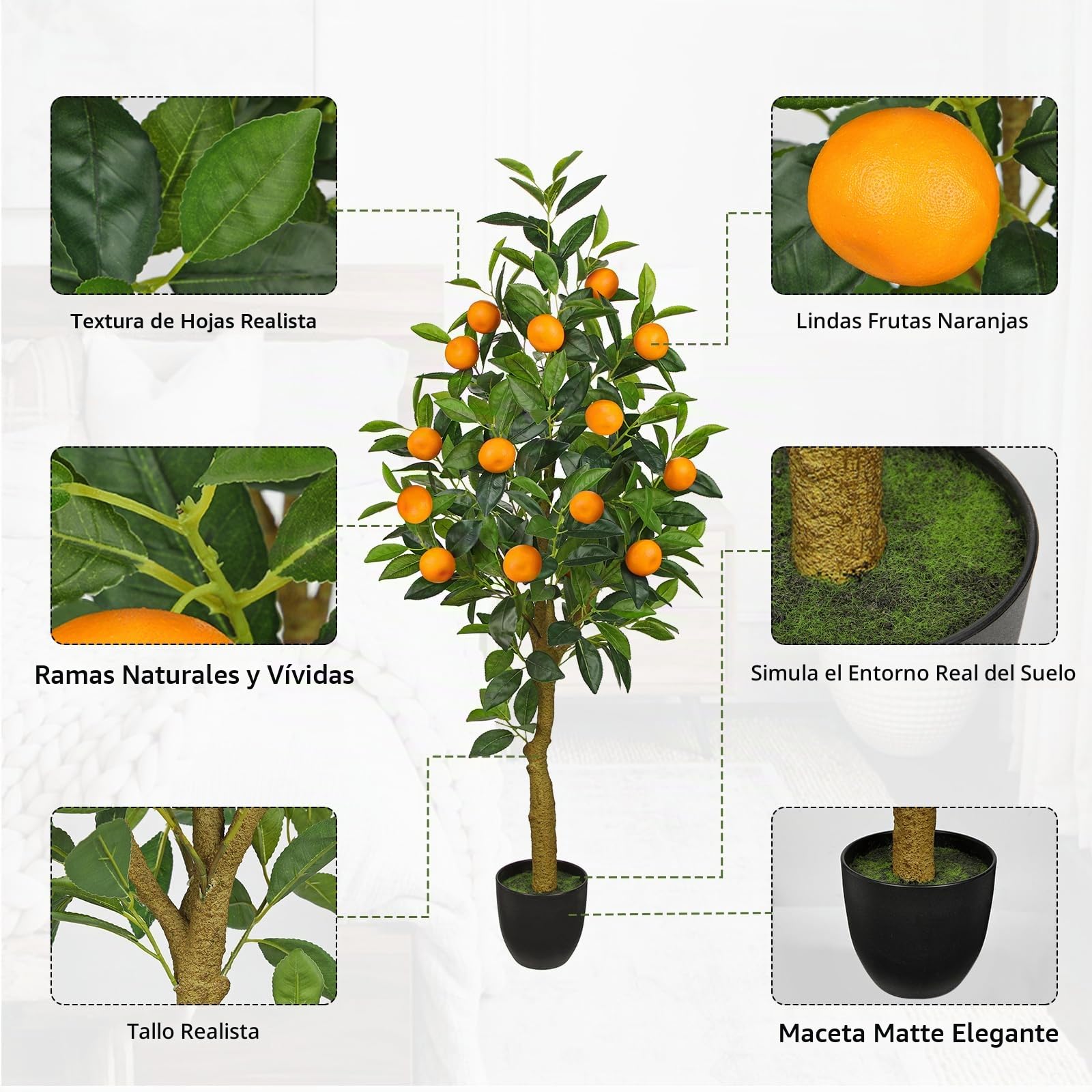 Plantas artificiales de 120 cm, gran naranjo artificial en maceta, para interiores y exteriores, decoración moderna, para baño, sala de estar, dormitorio, balcón