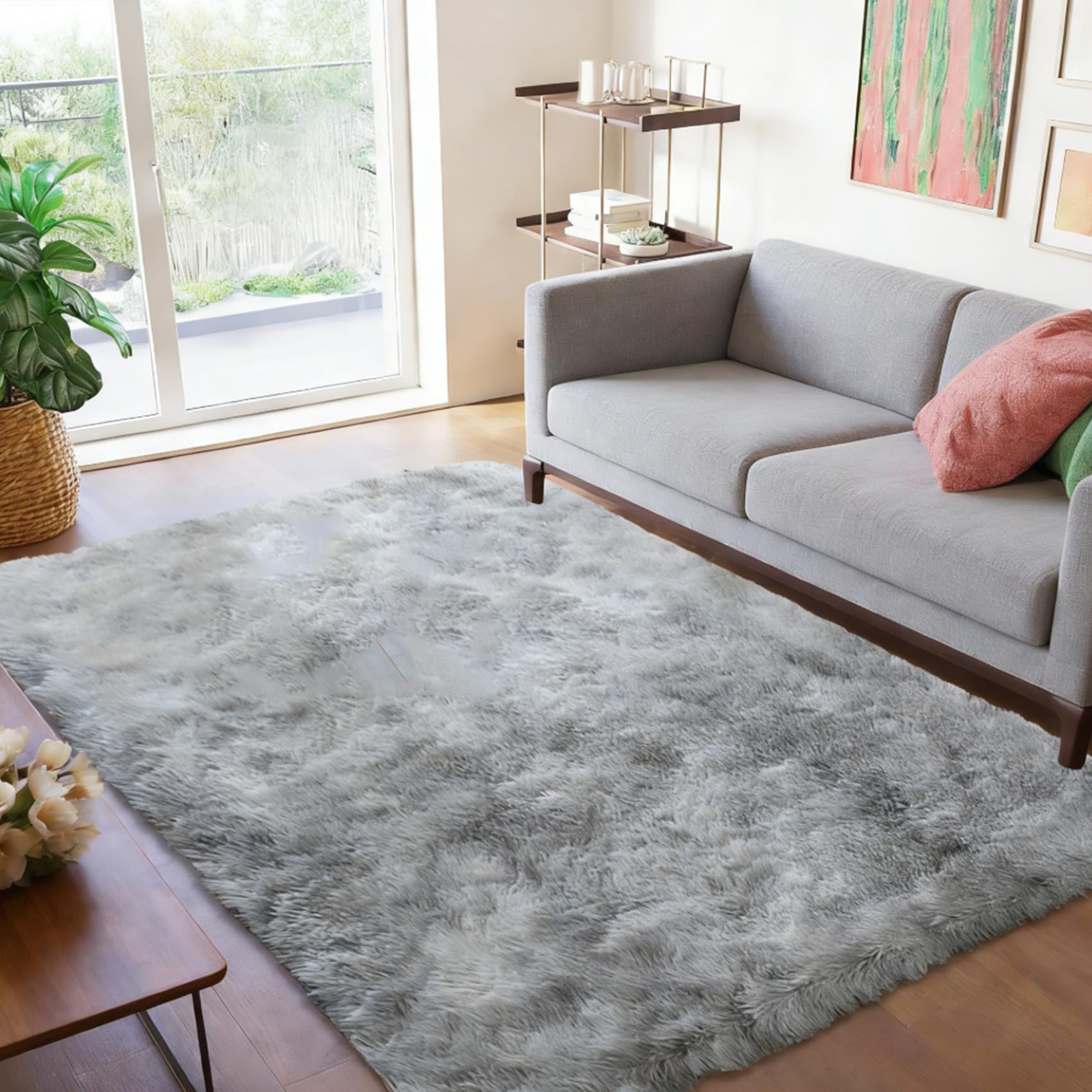 Tapis de salon gris clair soft à poils longs moelleux 135x340