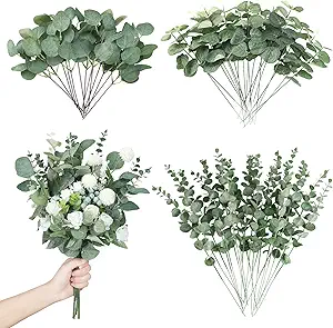 Giegxin 90 Pcs 3 Kinds Mixed Eucalyptus Leaves Stems Bulk Artificial Silver Dollar Leaves Picks Dried Eucalyptus Bundle Faux Spray for Wedding Vase Bouquet Floral Arrangement (Green)