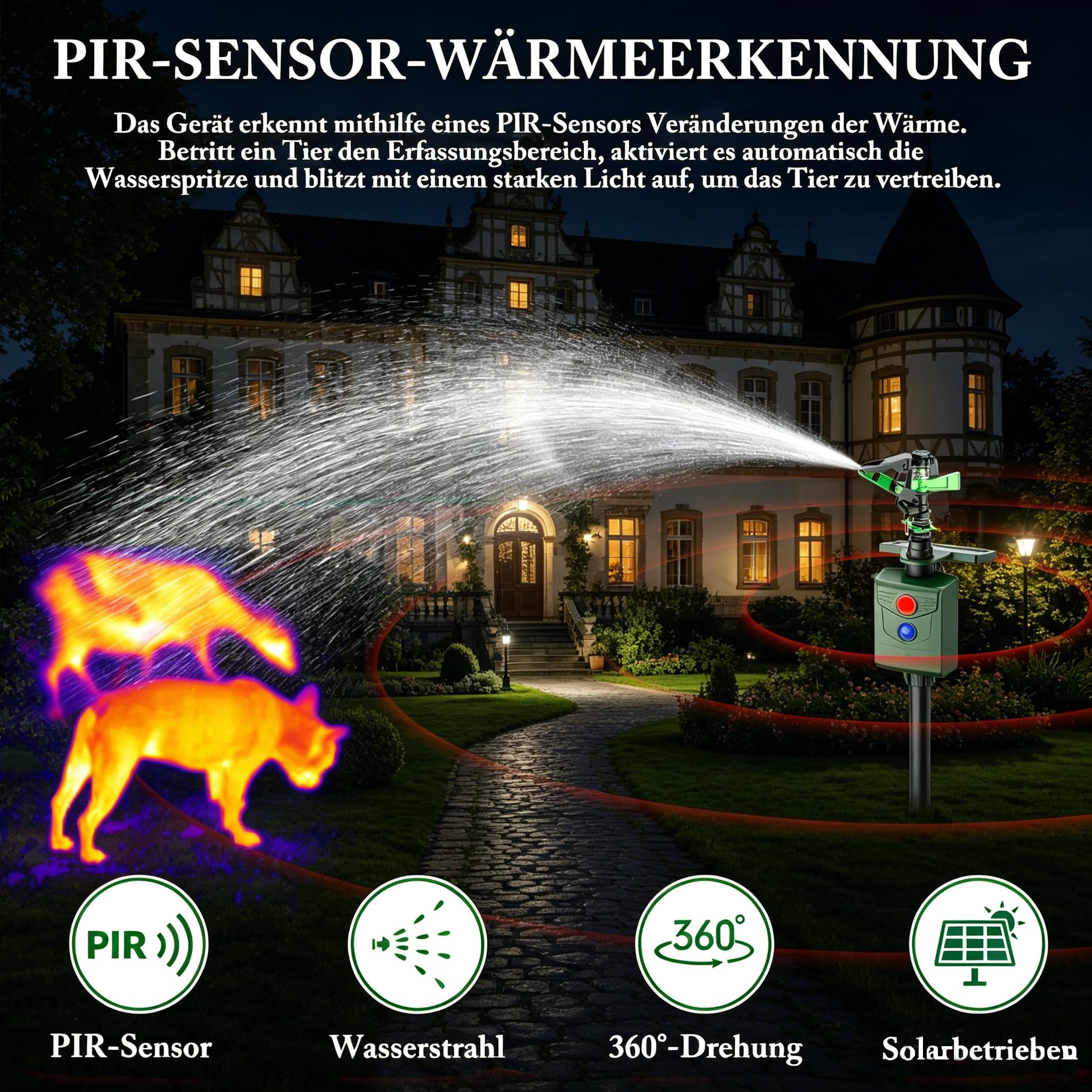 Ahuyentador de animales, repelente de gatos con agua, para jardín, detector de movimiento PIR, carga USB y solar en dos modos, ahuyentador de pájaros, ahuyentador de aves, ahuyentador de aves, defensa