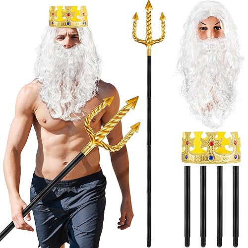 Shappy Juego de 4 piezas de accesorio para disfraz de rey Neptuno, peluca blanca y barba, Tridente dorado, corona de rey dorado para disfraz de