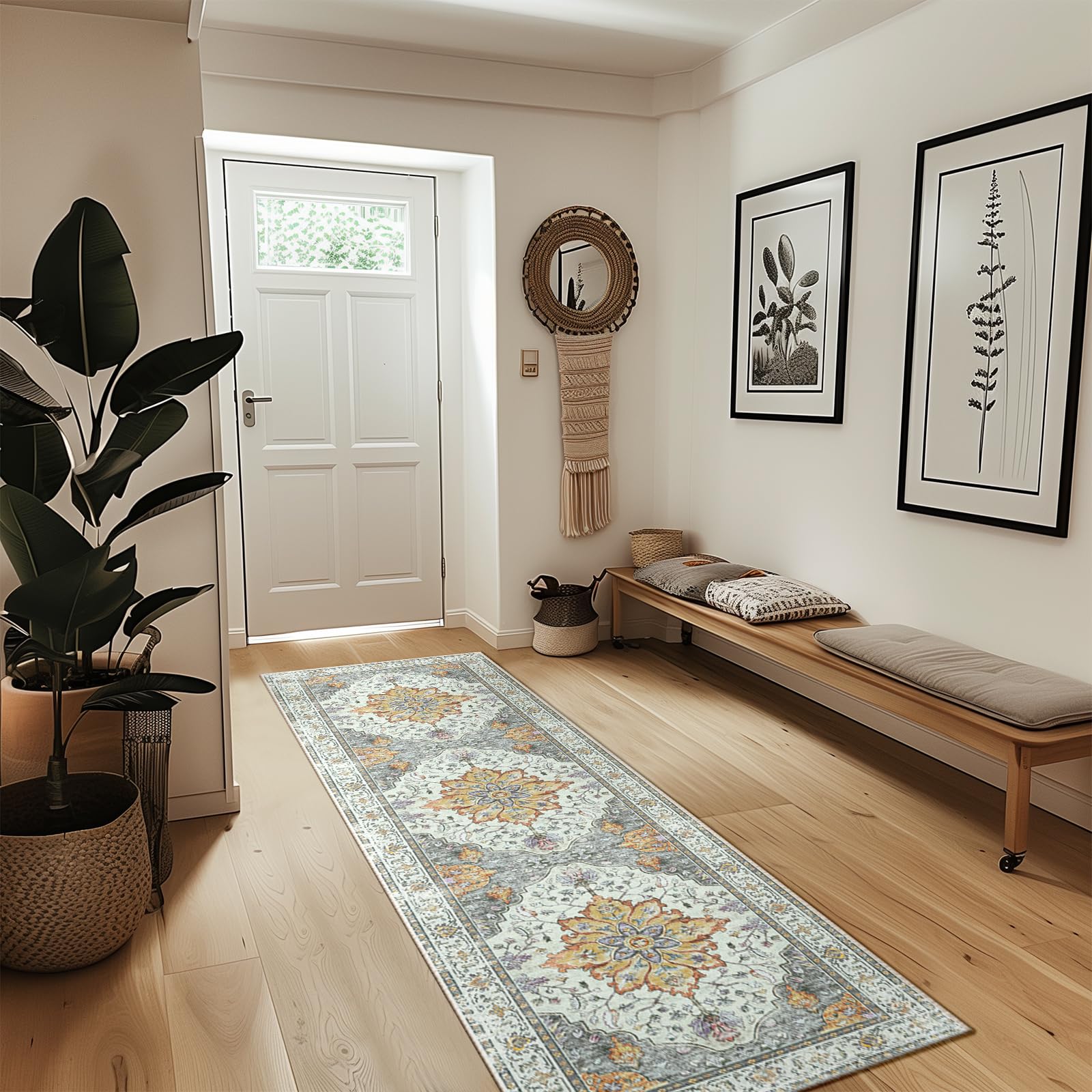 RELEANY Area Rugs 2'x8' Washable Non-Slip, Floral Vintage Distress Print Pattern Medallion Carpet for Living Room Bedroom Dining Room, Light Yellow Carbon Grey Orange