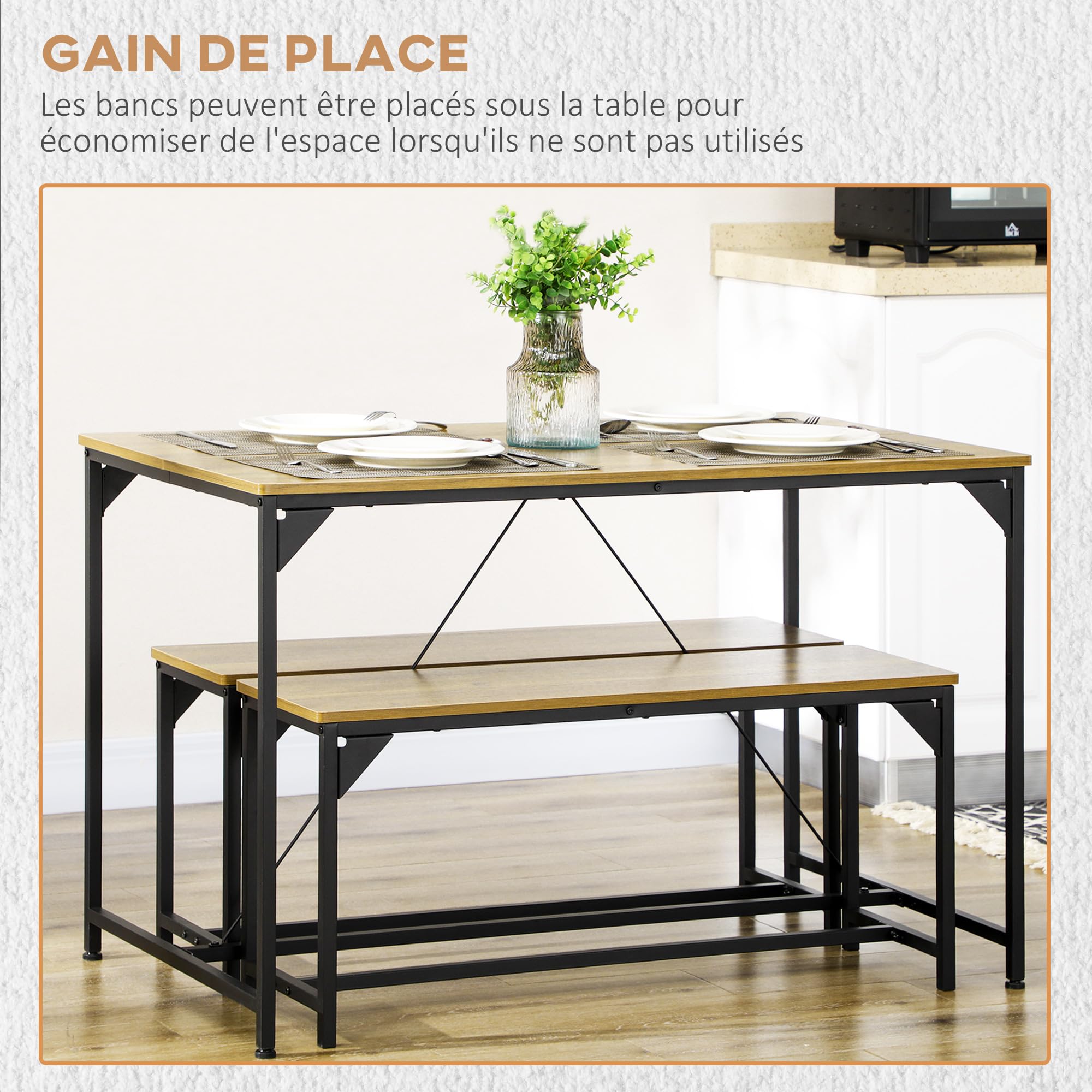 HOMCOM Ensemble Table à Manger et 2 Bancs Acier 120x70x75 cm Banc 100x30x45 cm 4 Personnes Cuisine Salle à Manger Naturel Noir
