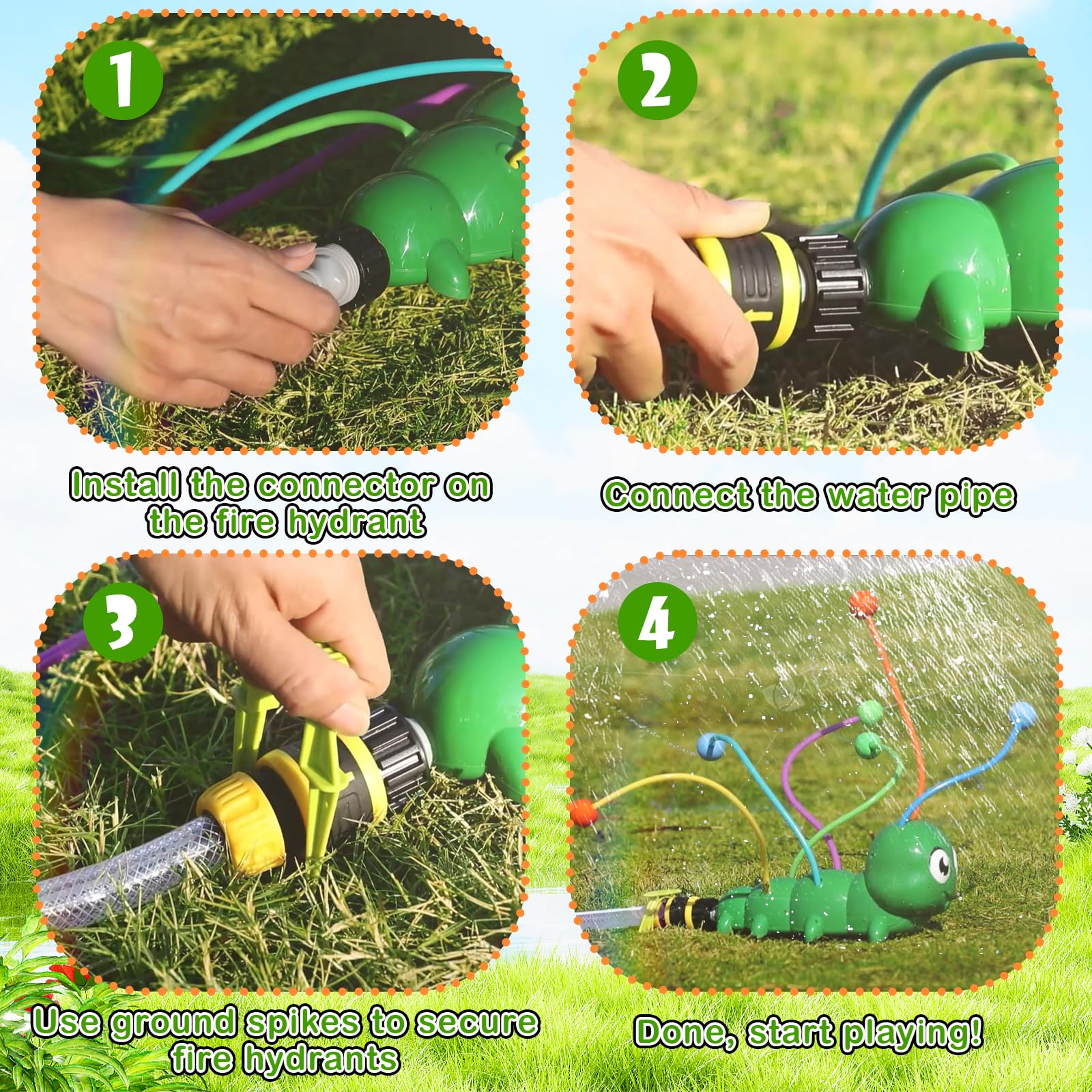 Wasserspielzeug für Kinder Wassersprinkler Raupen-Wassersprinkler mit 6 Schwimmkörpern und Schwammbällen, Sommerspielzeug für draußen 3–12Jahre Garten Hinterhof Rasen Wasserspaß garantiert