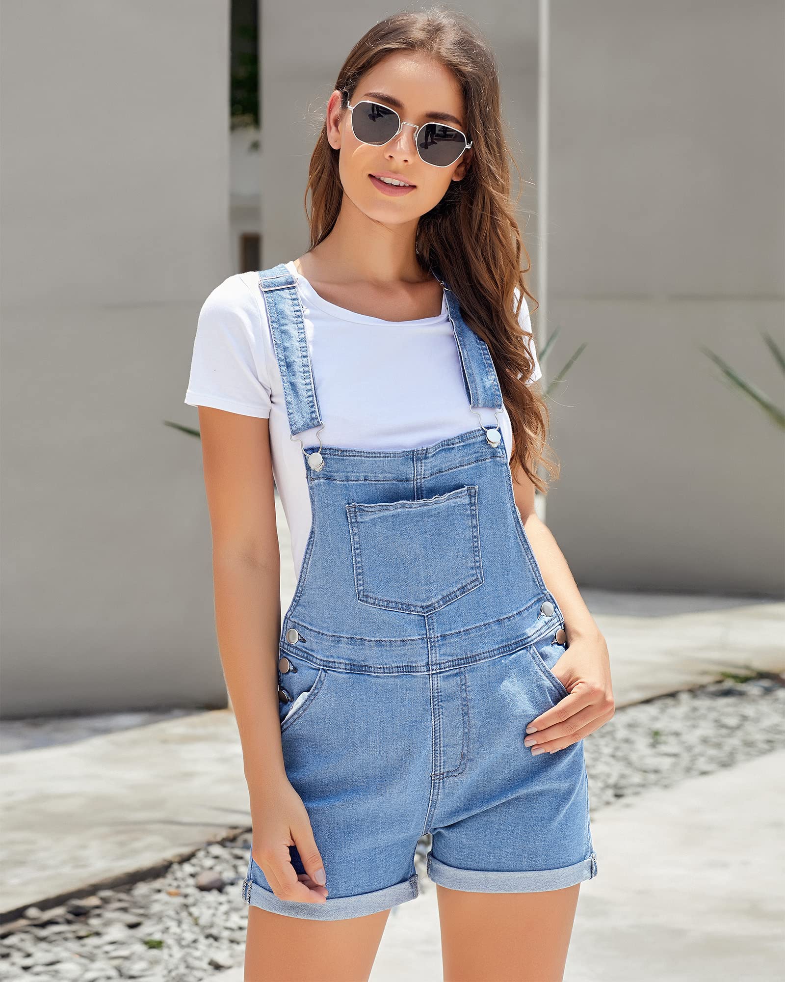 Roskiky Salopette en jean pour femme avec sangles à boucle et poches à ourlet