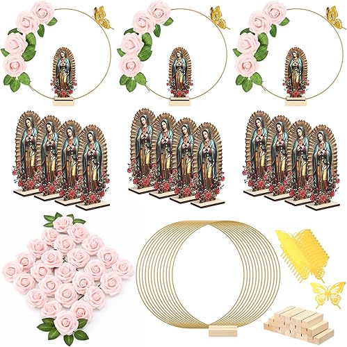 BreezeHug 12 centros de mesa de bautismo para centros de mesa para bautizo bodas, 12 piezas de madera, 12 aros florales con soporte, 24 rosas de