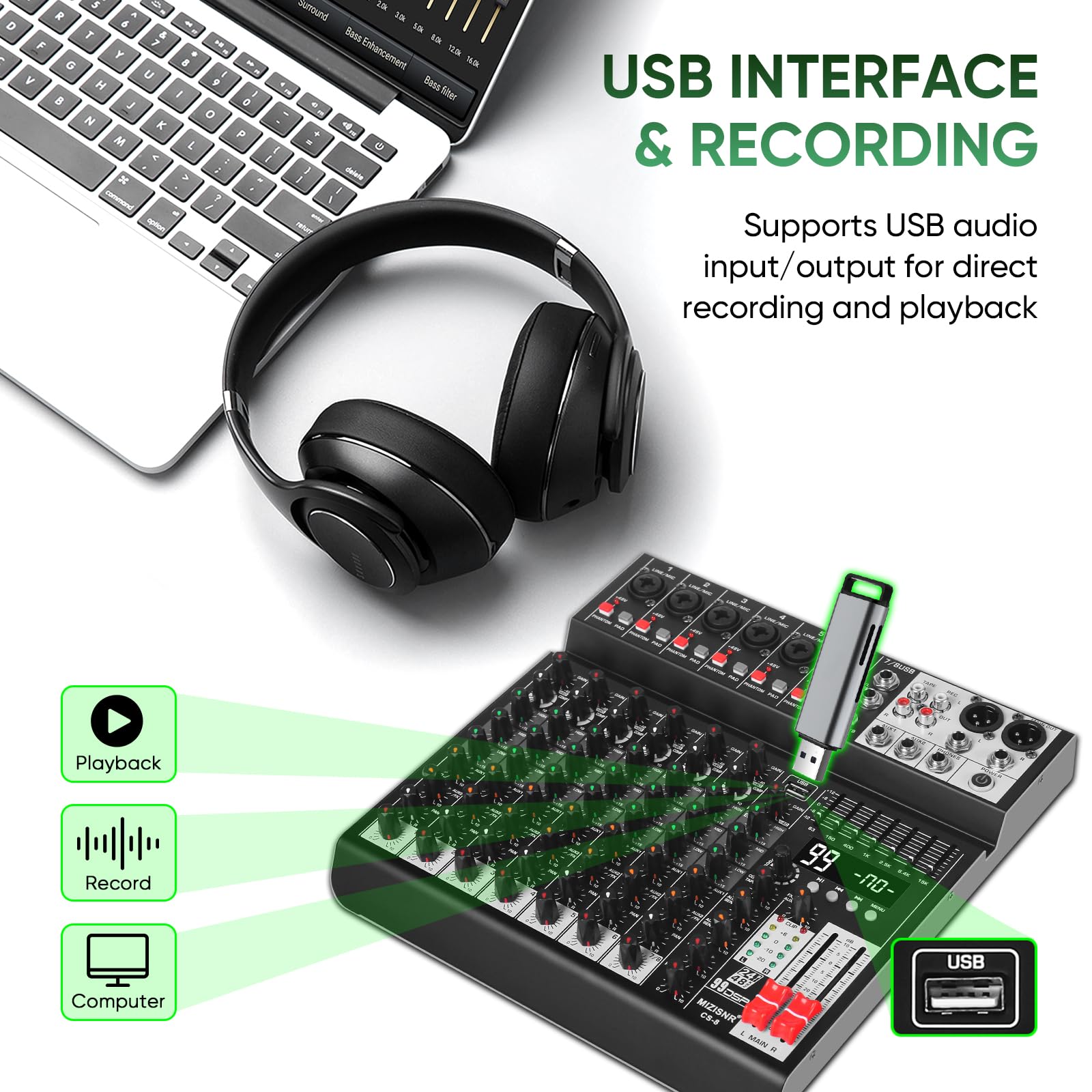 Audio-Mixer, 8-K-Sound-Mixer-Konsole, professionelles Musik-Mischpult, DJ-Mixer mit 99 DSP, 7-Band-EQ, USB, Bluetooth, 48 V Phantomspeisung & PAD-Funktion für Aufnahme von